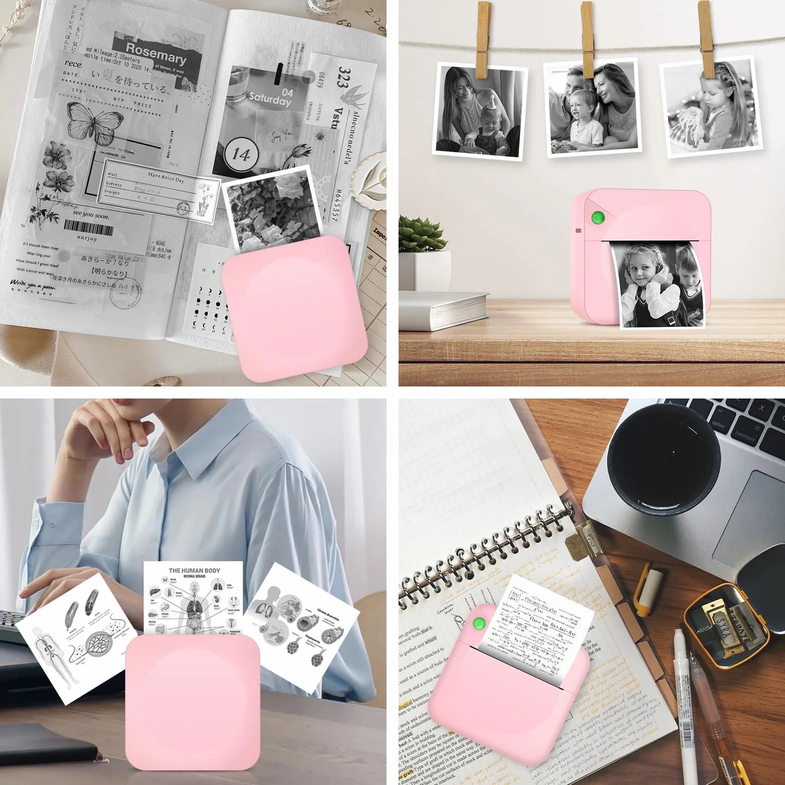 Przenośna mini termiczna drukarka fotograficzna Bluetooth z 13 rolkami papieru, USB do notatek, pamiętnik (różowy)