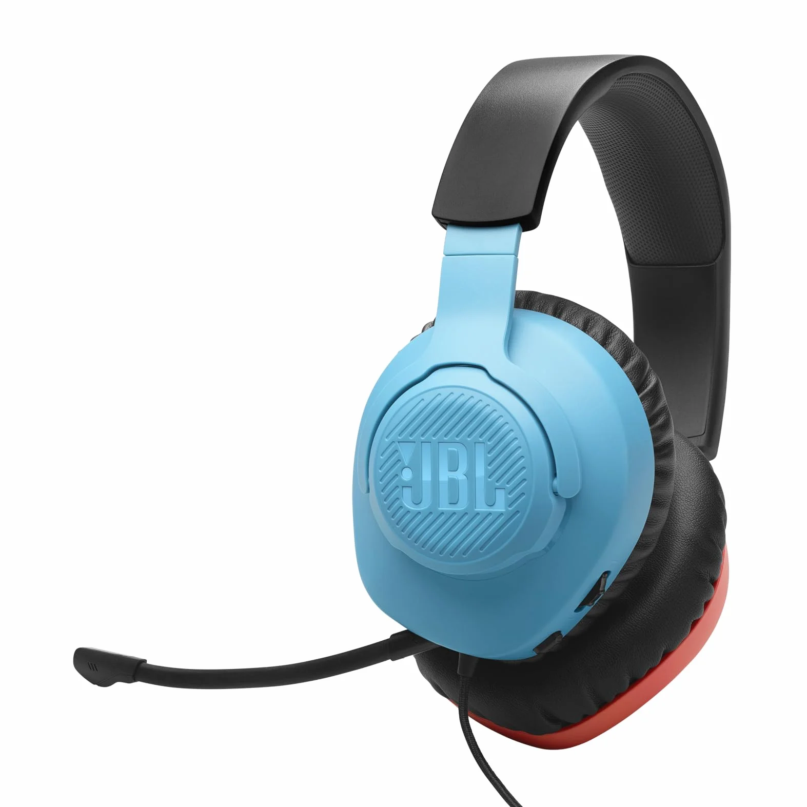 JBL Quantum 100 N Słuchawki Nauszne Przewodowe do Gier z Odchylanym Mikrofonem, JBL QuantumSURROUND, Kompatybilne z Wieloma Platformami i Dźwiękiem Przestrzennym Windows Sonic, Niebiesko-czerwone