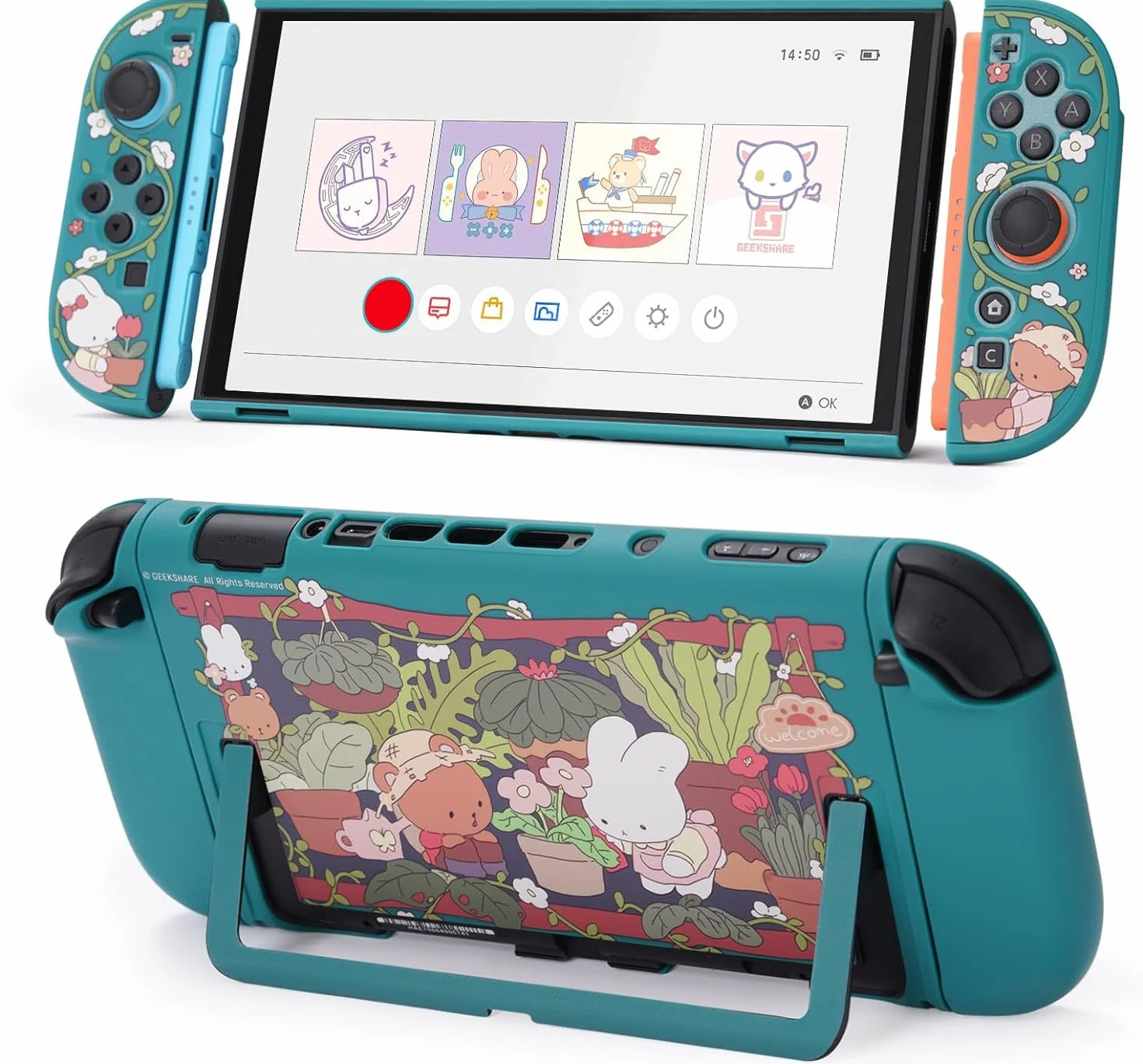 GeekShare Ochronna muszla kompatybilna z Switch 2, Kawaii etui dokujące antyrysunkowa amortyzująca obudowa - Ogród królików