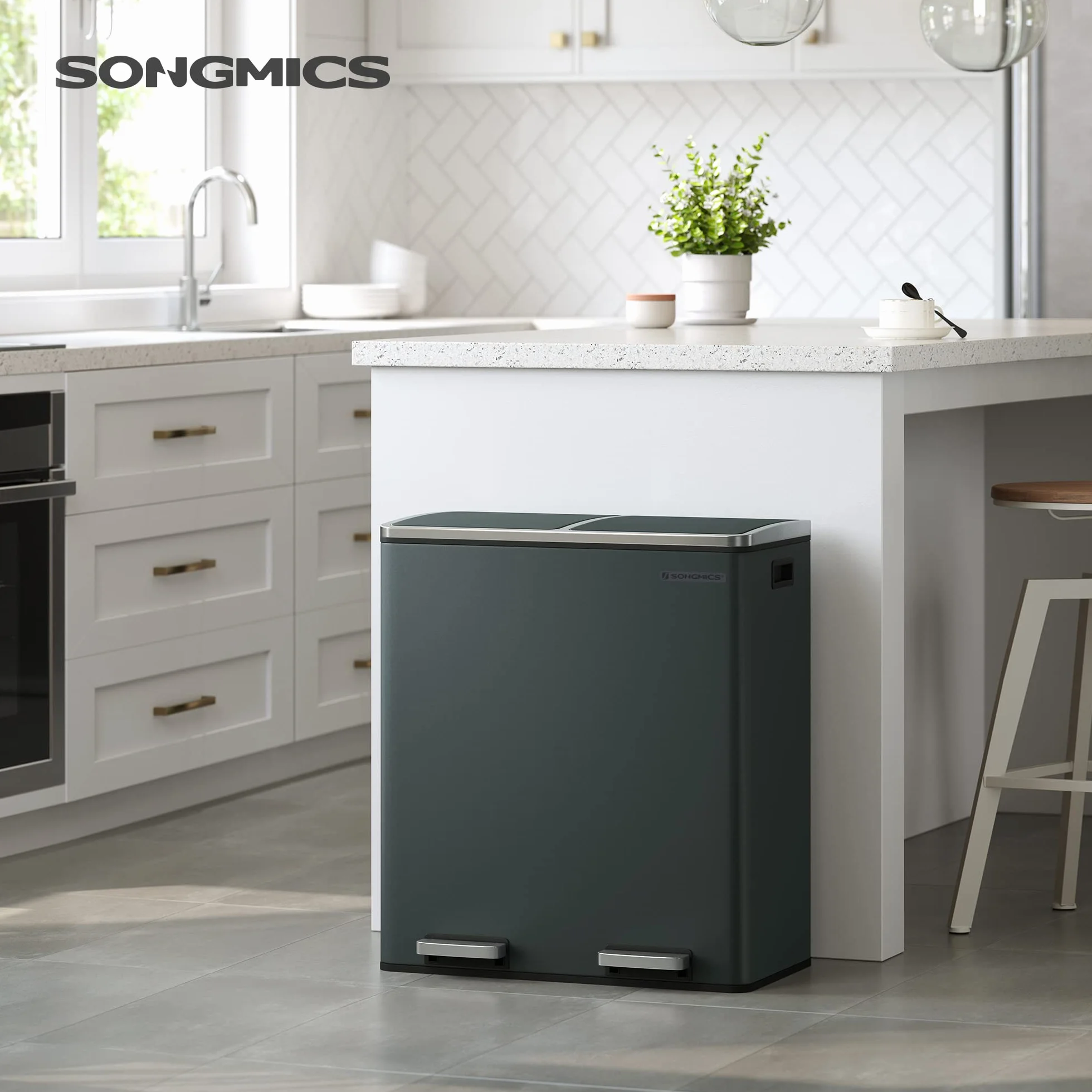 SONGMICS Kosz na śmieci z podwójną komorą 2 x 30 l, antracytowy szary LTB60GS