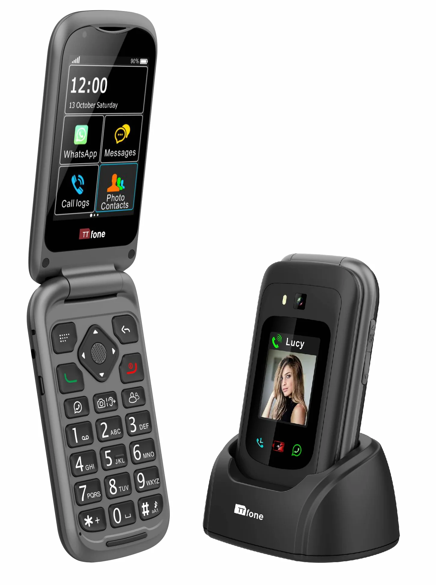 TTfone TT970 Ekran dotykowy Whatsapp 4G dla seniorów Duże klawisze Telefon komórkowy z klapką - z kamerą 8MP i aparatami słuchowymi kompatybilnymi oraz przyciskiem połączenia alarmowego
