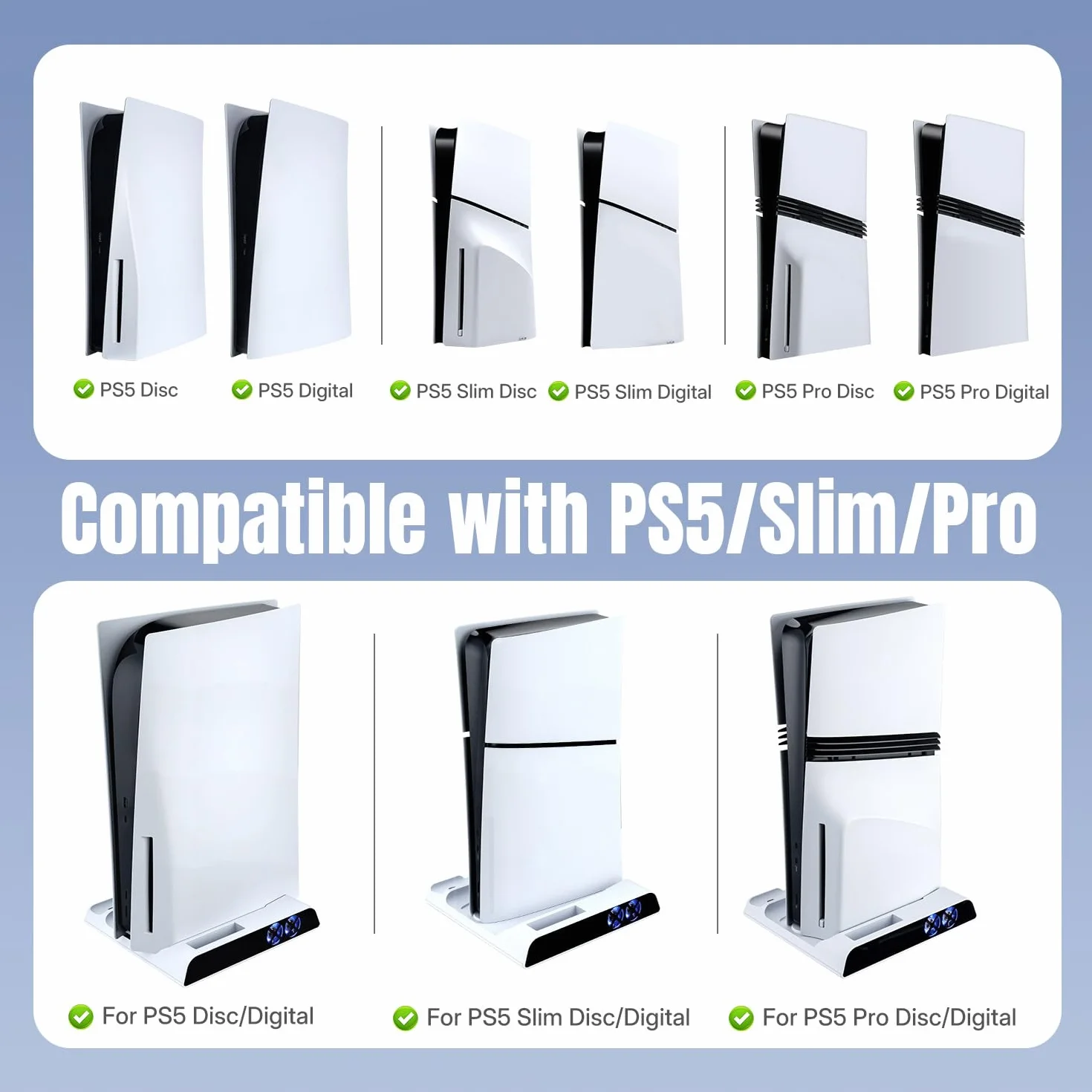 Wigearss Pionowa obsługa chłodzenia PS5 z podwójnym kontrolerem ładowarki do PS5/PS5 Slim/PS5 PRO UHD/edycja cyfrowa