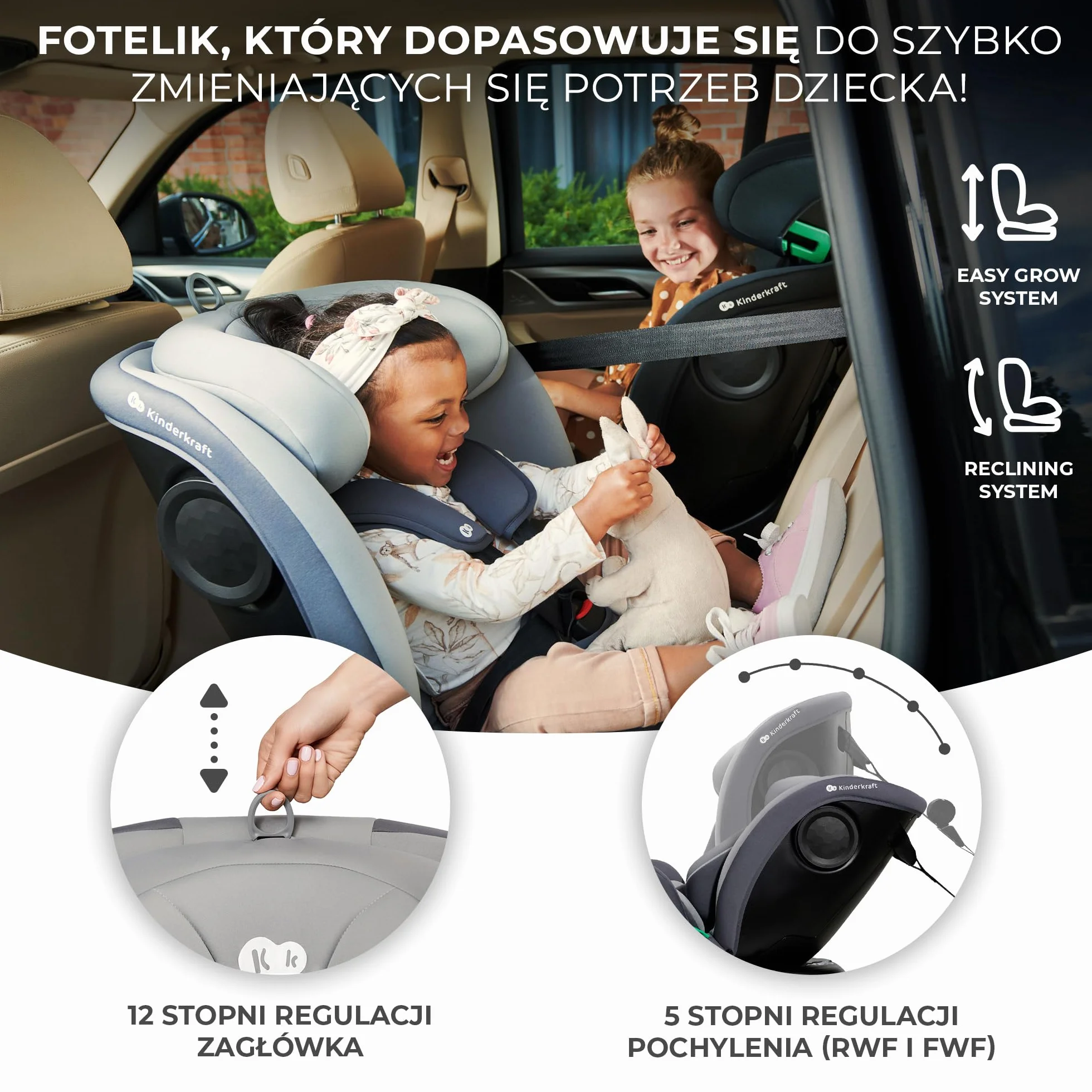 Kinderkraft I-GROW Fotelik dziecięcy i-Size, 40-150cm, Fotelik na bazie, Obracany 360 stopni, Regulowany, Isofix, Miękkie siedzisko, RWF, FWF, Grupa 0+/1/2/3 0-36 kg, do 12 lat, Szary
