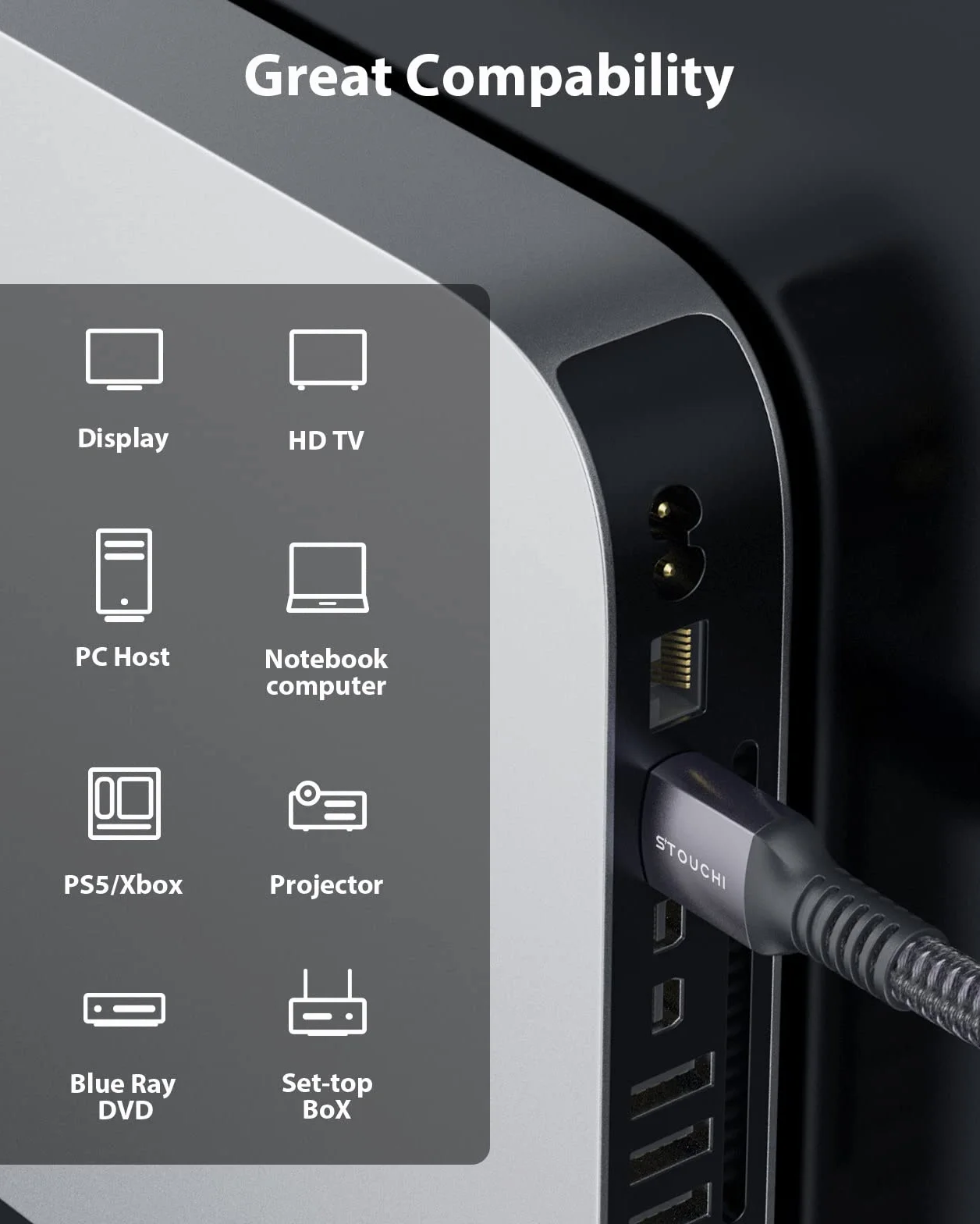 HDMI 2.1 kabel 4 m, Stouchi 8K Ultra HD 48 Gbps High Speed ​-​8K60 4K120 144Hz RTX 3080 eARC HDR10 4:4 HDCP 2.2&2.3 Dolby, kompatybilny z Fire TV/Roku TV/PS5/Xbox Series X/Sams/Sony/LG