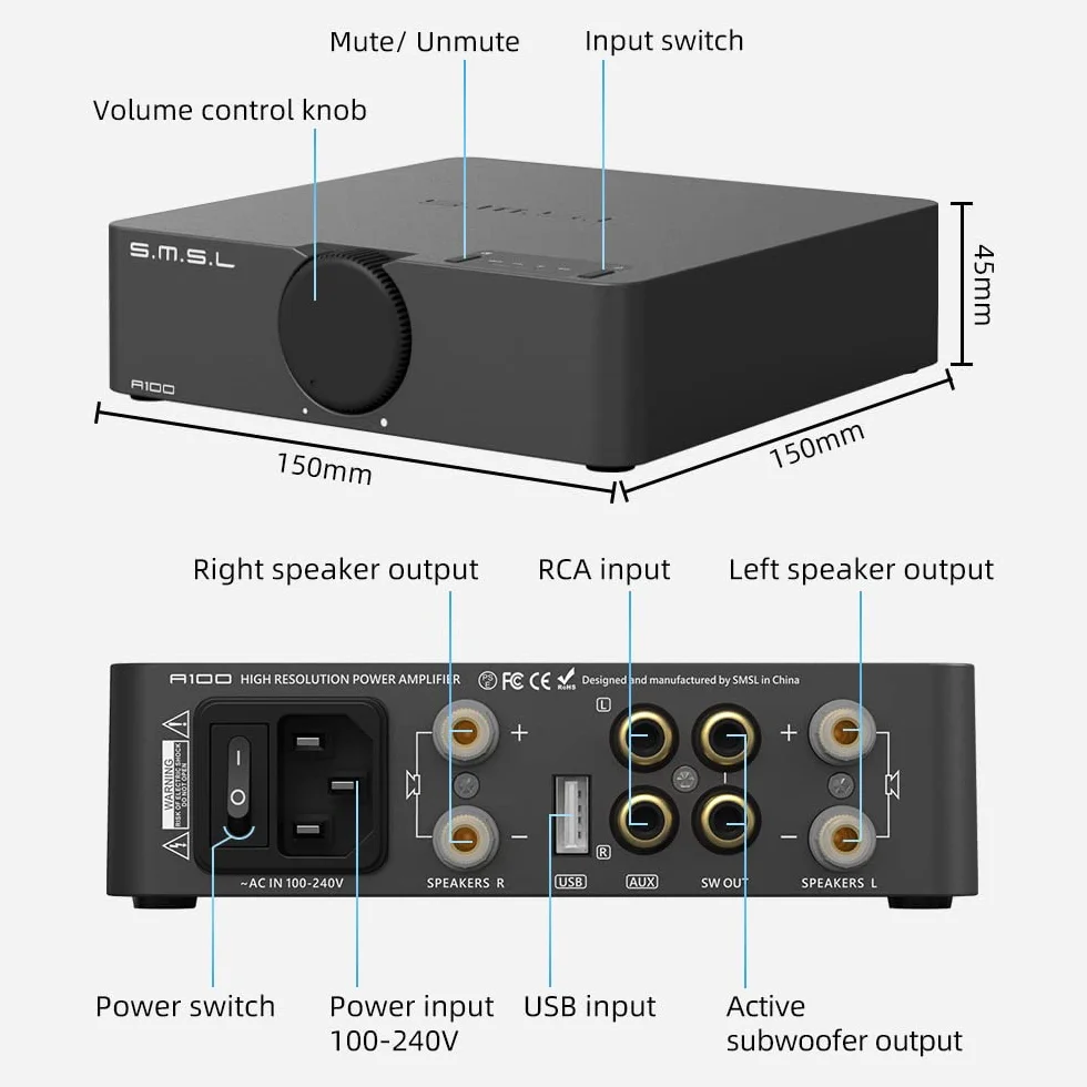 S.M.S.L A100 Bluetooth 5.0 Stereo Audio Mini Wzmacniacz klasy D MA12070 Chip 2-kanałowy wzmacniacz do głośników domowych 80Wx2