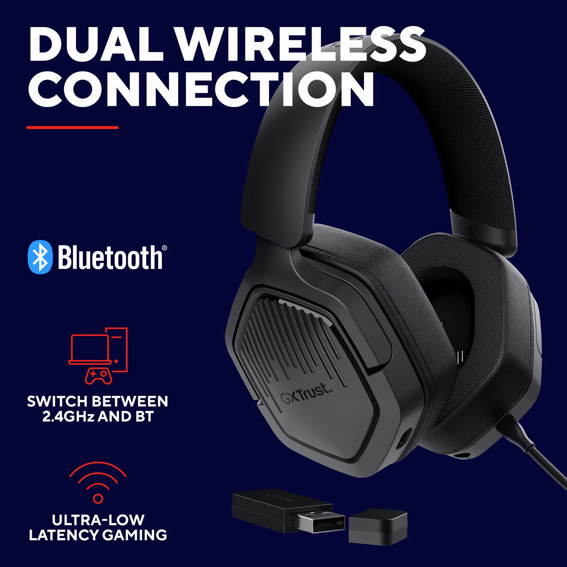 Trust GXT 1493 Ravox Słuchawki Bezprzewodowe Gamingowe Bluetooth + 2.4 GHz do PS5 PS4 Switch PC Smartfonów, Przetworniki 50mm, Akumulator 70h, Wokółuszny Headset z Mikrofonem, Czarny