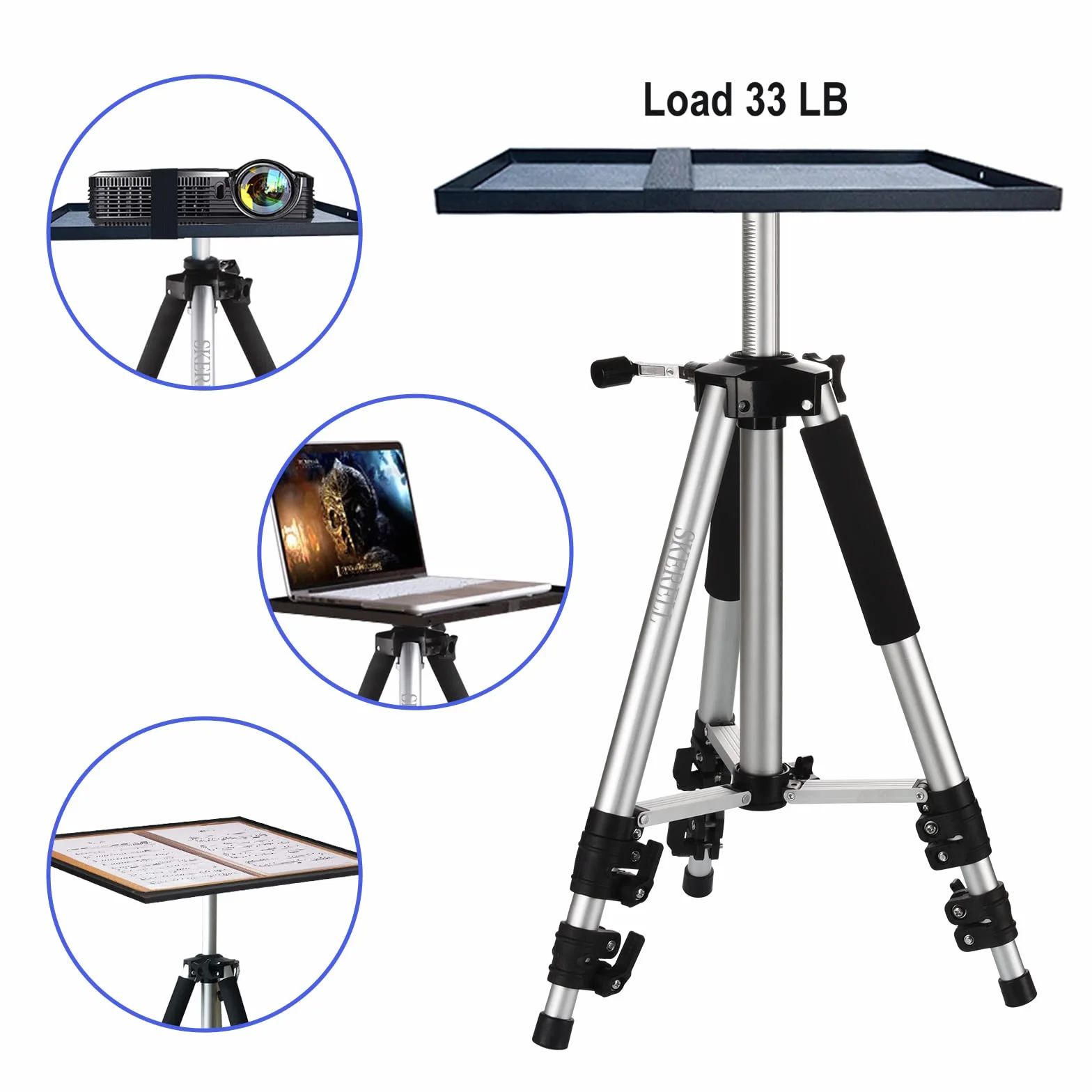 SKERELL Stojak na projektor, stojak na laptopa, wielofunkcyjny statyw ze stopu aluminium, uchwyt na sprzęt DJ-ski, regulacja wysokości od 43 do 122 cm, obciążenie 15 kg, z tacą i głowicą kulową, torba