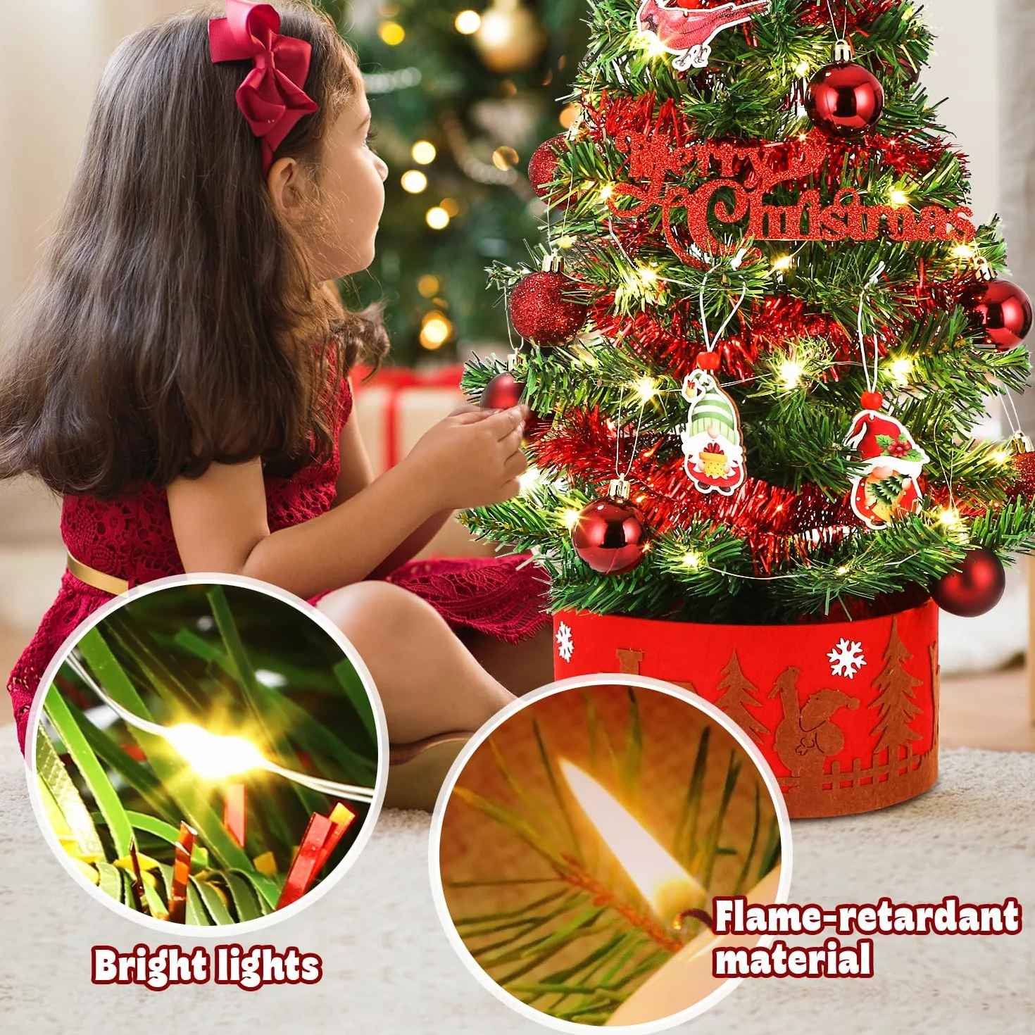 LEAZZLE mini choinka stołowa choinka 60 cm,zdobiona choinka,flokowana choinka,mała choinka,miniaturowa choinka z łańcuchem świetlnym LED,choinka stołowa,45 cm,świąteczna dekoracja stołu (czerwona)