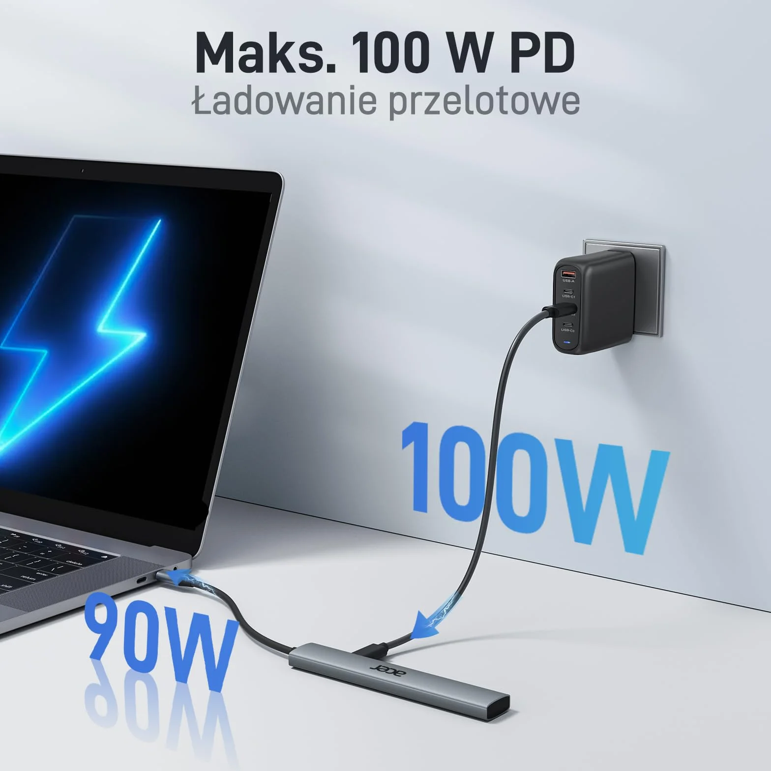 acer Hub USB C z HDMI 4K, aluminiowy adapter wieloportowy USB-C 5 w 1 z 3 portami USB-A, moc 100W, rozdzielacz typu C, kompatybilny z laptopem, tabletem, MacBookiem M3/M2, XPS, iPadem Pro itp.