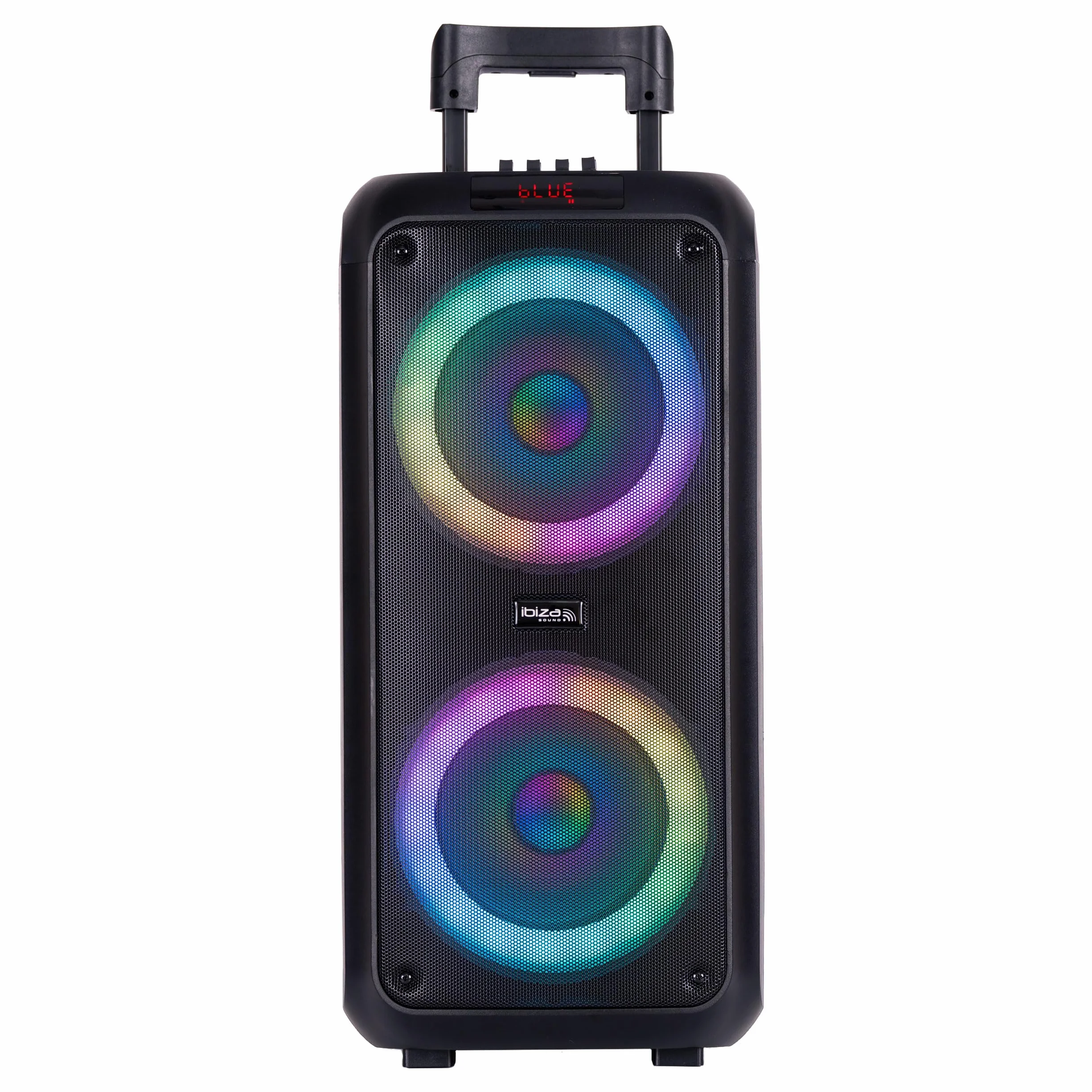 Ibiza - VENUS600 - Przenośny głośnik 2x8"/20 cm, 600 W, zasilany bateryjnie, z efektem świetlnym na przednim panelu i przewodowym mikrofonem - Bluetooth, USB, microSD, AUX i MIC - Czarny