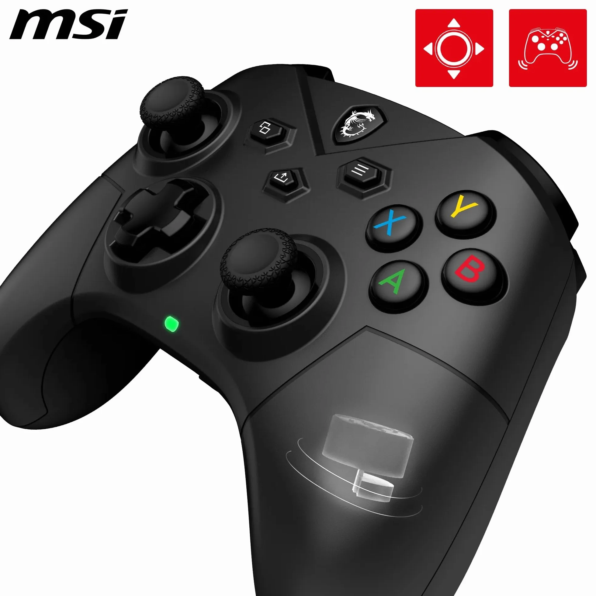 MSI FORCE GC300 W kontroler do gier, 2,4 GHz, Bluetooth, USB typu C na A, akumulator 20 h, wymienne osłony D-Pad i podwójne silniki wibracyjne, przewodowy/bezprzewodowy