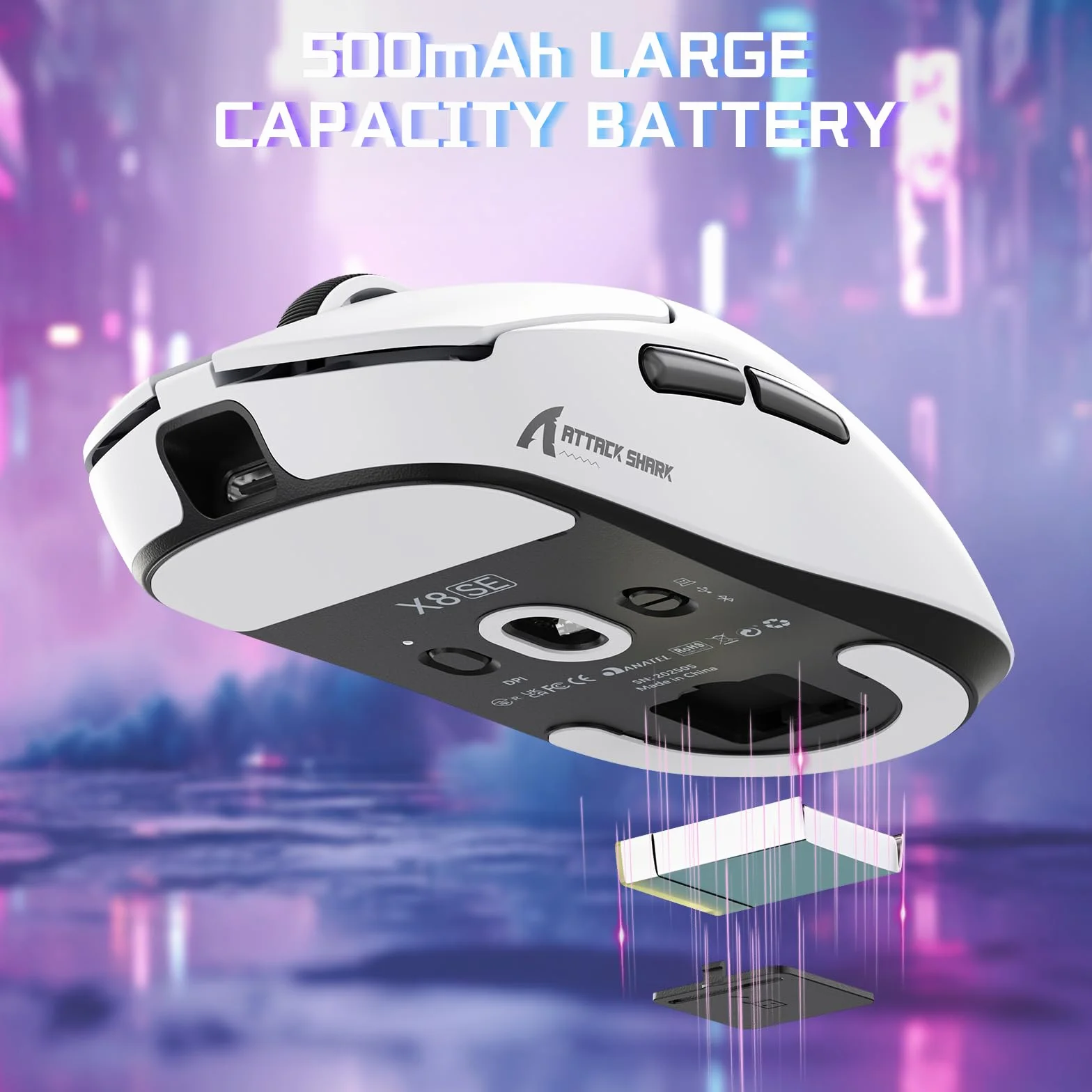MAMBASNAKE X ATTACK SHARK X8SE Ultralekka bezprzewodowa mysz gamingowa 55g 25000DPI PixArt PAW3311 BT 2.4G USB-C Biała