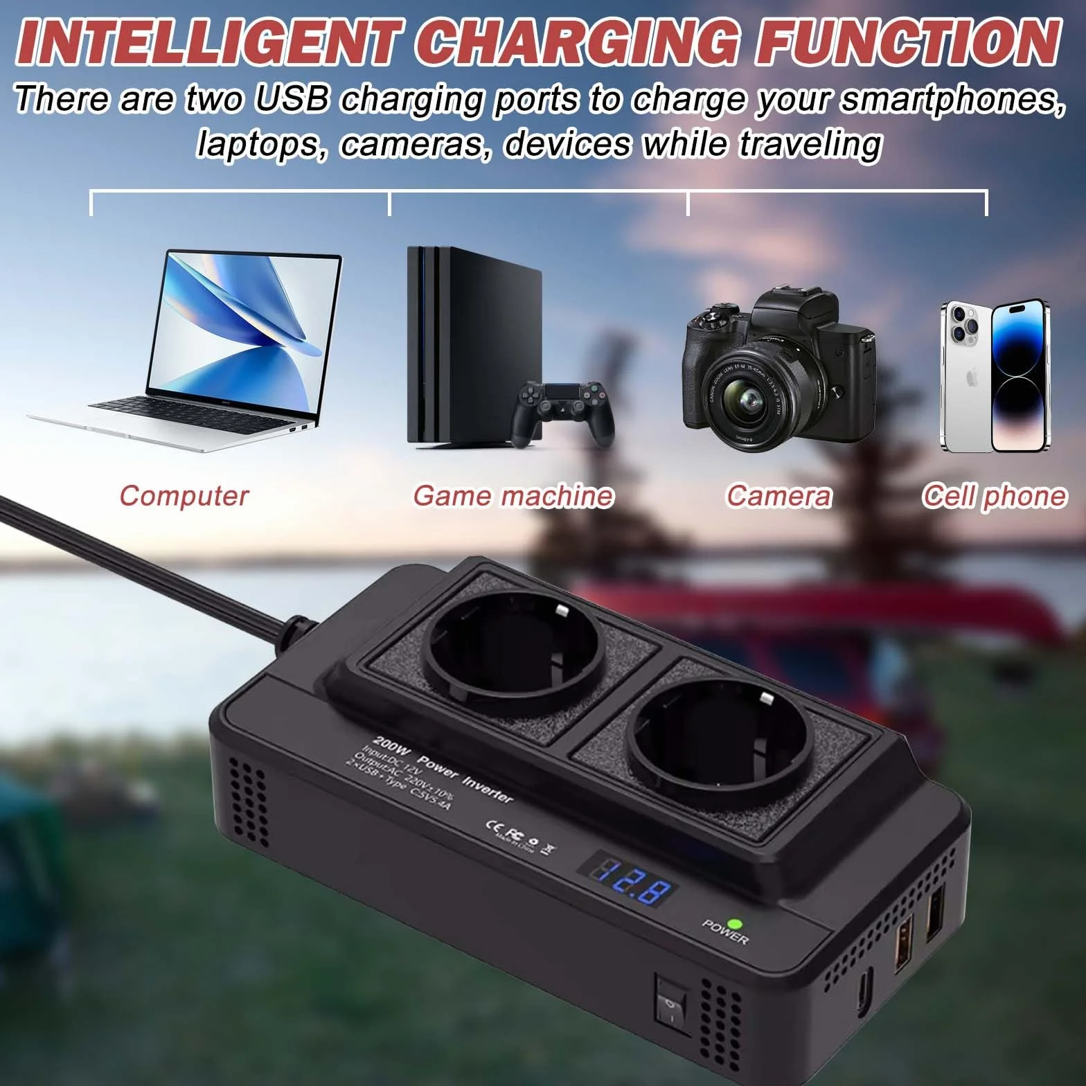 Przetwornica napięcia, 200 W, DC 12 V na AC 230 V, z 2 gniazdami i 4 portami USB, szybkie ładowanie, ładowarka samochodowa, adapter gniazda zapalniczki samochodowej, adapter gniazda zapalniczki