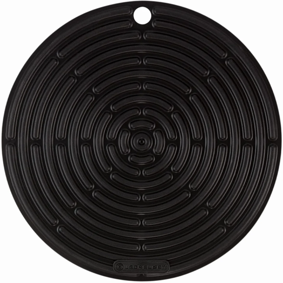 Le Creuset Ścierka do garnków / podstawka z silikonu z otworem do zawieszenia, klasyczna okrągła, średnica: 20 cm, silikon, Czarny Mat