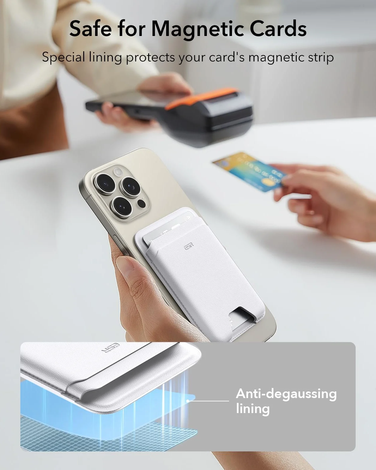 ESR Portfel MagSafe, etui na 5 kart, magnetyczny portfel do iPhone'a, blokada RFID, z siłą magnetyczną 3200 g, wegańska skóra, smukły do iPhone'a serii 17/16/15/14/13/12, nie dla 13/12 Mini, biały