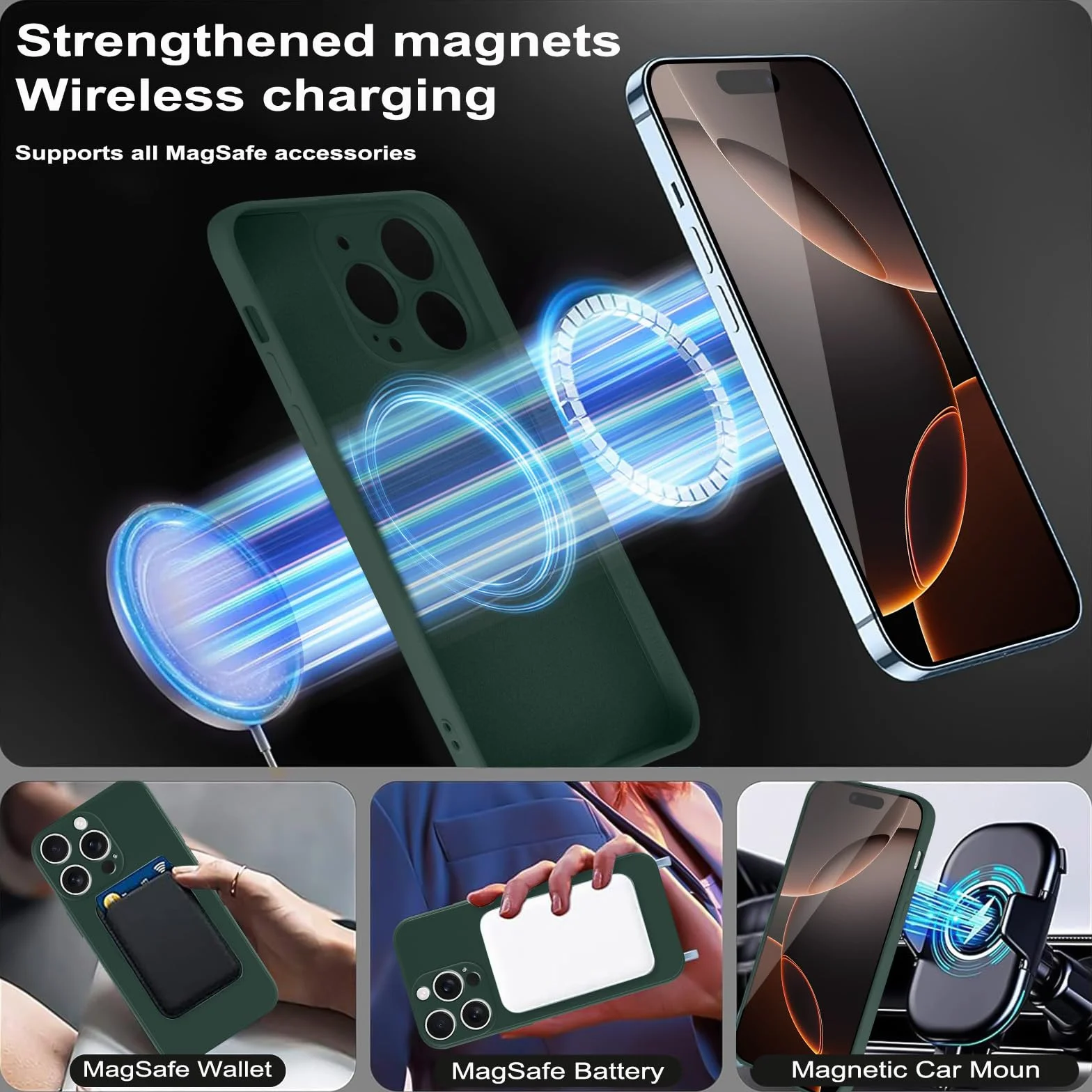 Coiwxmoi Magnetyczne etui do iPhone 16 Pro ze sznurkiem na kołnierz, etui kompatybilne z MagSafe, etui z płynnym silikonem z regulowaną smyczą, zielone