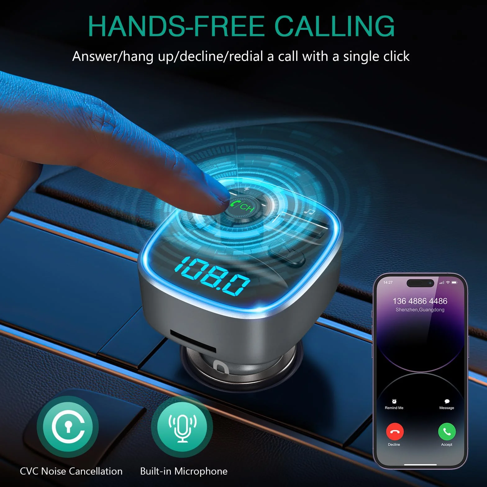 ORIA Samochodowy nadajnik FM Bluetooth 5.3, bezprzewodowy nadajnik radiowy, uniwersalna ładowarka samochodowa z podwójnym ładowaniem USB, zestaw głośnomówiący, odtwarzacz muzyczny, obsługuje kartę TF