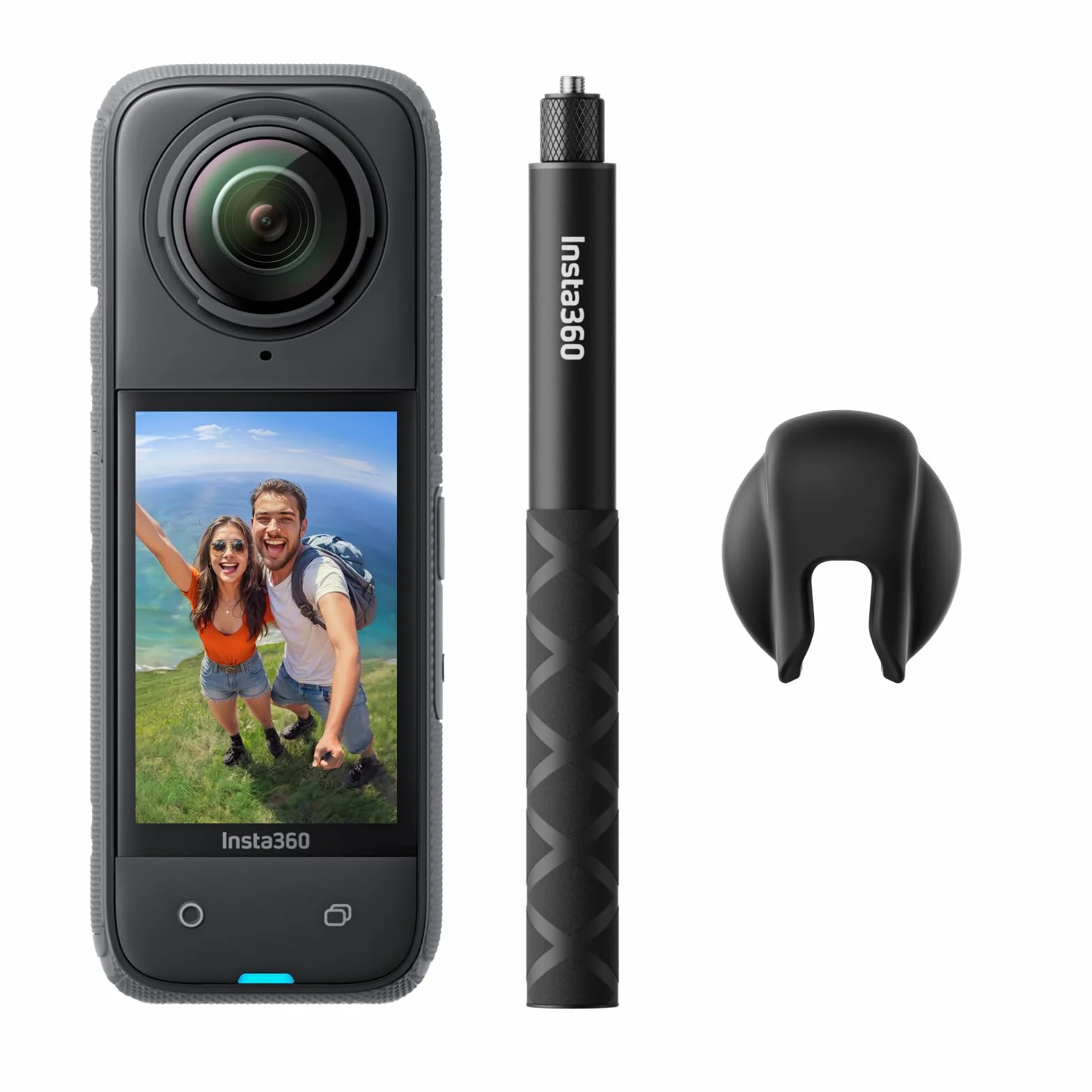 Insta360 Zestaw X4 Get-Set – wodoodporna kamera sportowa 360 8K, szeroki kąt wideo 4K, niewidoczny kij do selfie, zdejmowane osłony obiektywów, żywotność baterii 135 min, edycja AI, stabilizacja, brak
