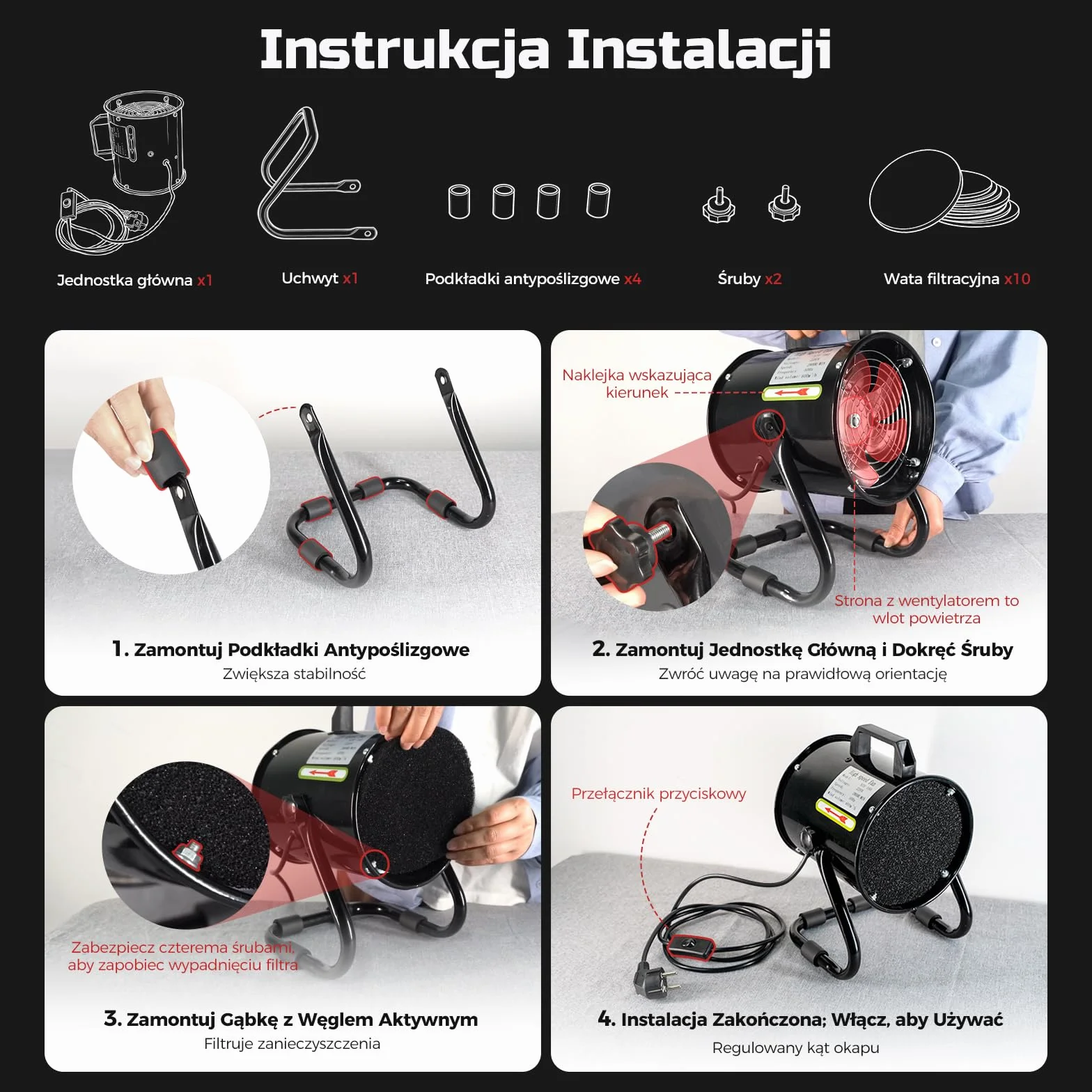Przenośny Okap Kuchenny 40W 600m³/h Wentylator Wyciągowy ze Stopu Aluminium z 10 Filtrami Węglem Aktywnym 120° Regulowany