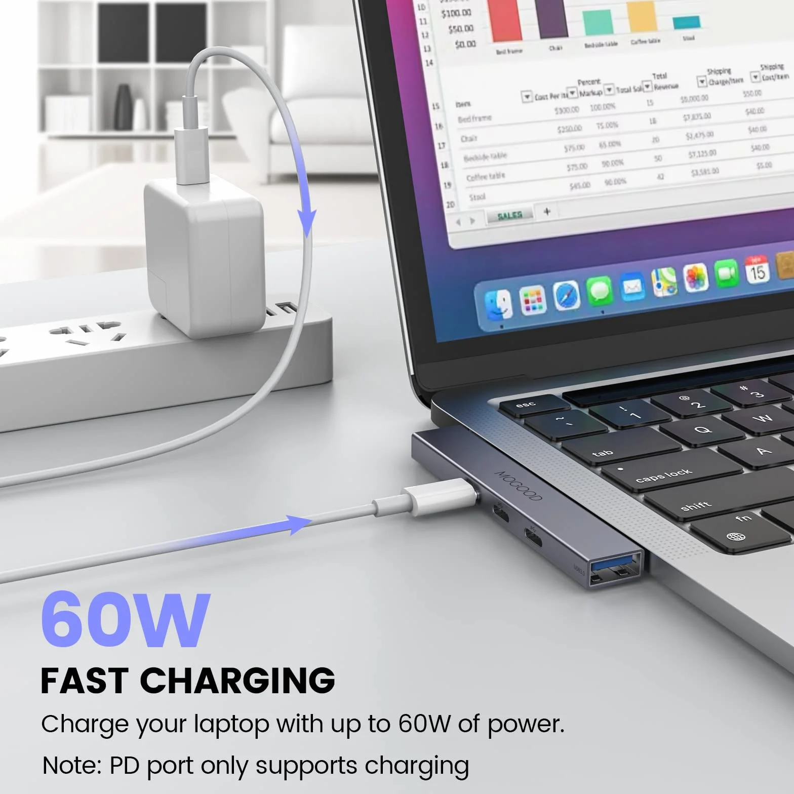 MOGOOD USB C Hub rozdzielacz USB C do laptopa, wieloportowy adapter z 60 W PD, 5 Gbps, obsługuje MacBook, Chromebook