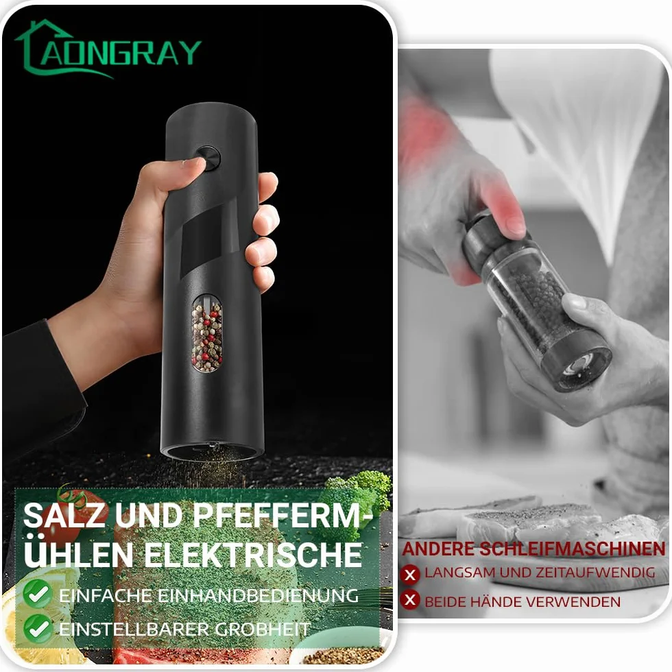 Ulepszony elektryczny zestaw młynków do soli i pieprzu, 2 sztuki młynków do przypraw, ogromna pojemność 120 ml, możliwość mielenia, regulowana grubość, światło LED, zasilanie bateryjne, łącznie ze