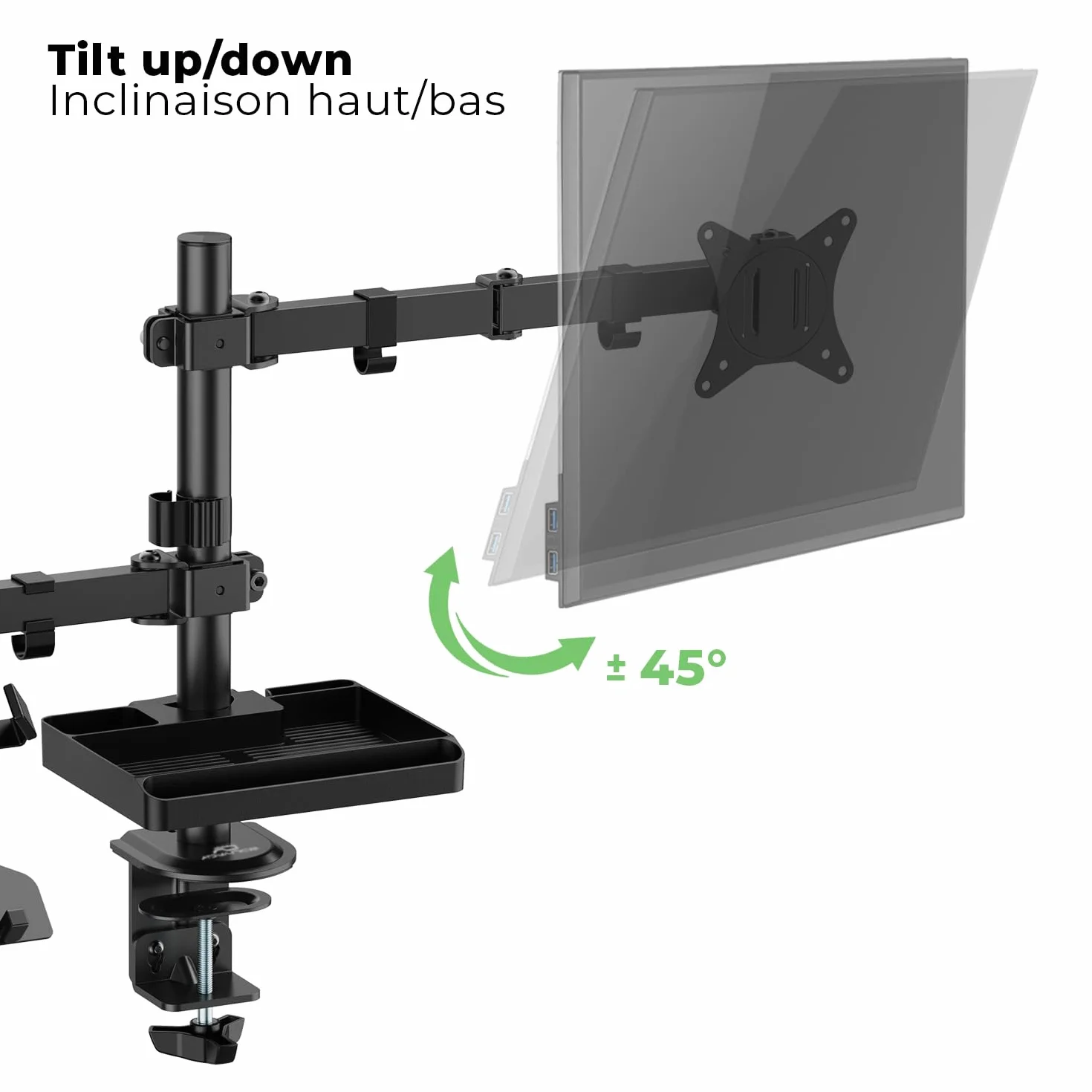 Seria XTENDMOUNTS: Stalowy przegubowy uchwyt do ekranu PC 17/32'' VESA 75x75,100x100, taca na laptopa, tablet do przechowywania i uchwyt na smartfona w zestawie (Flex)