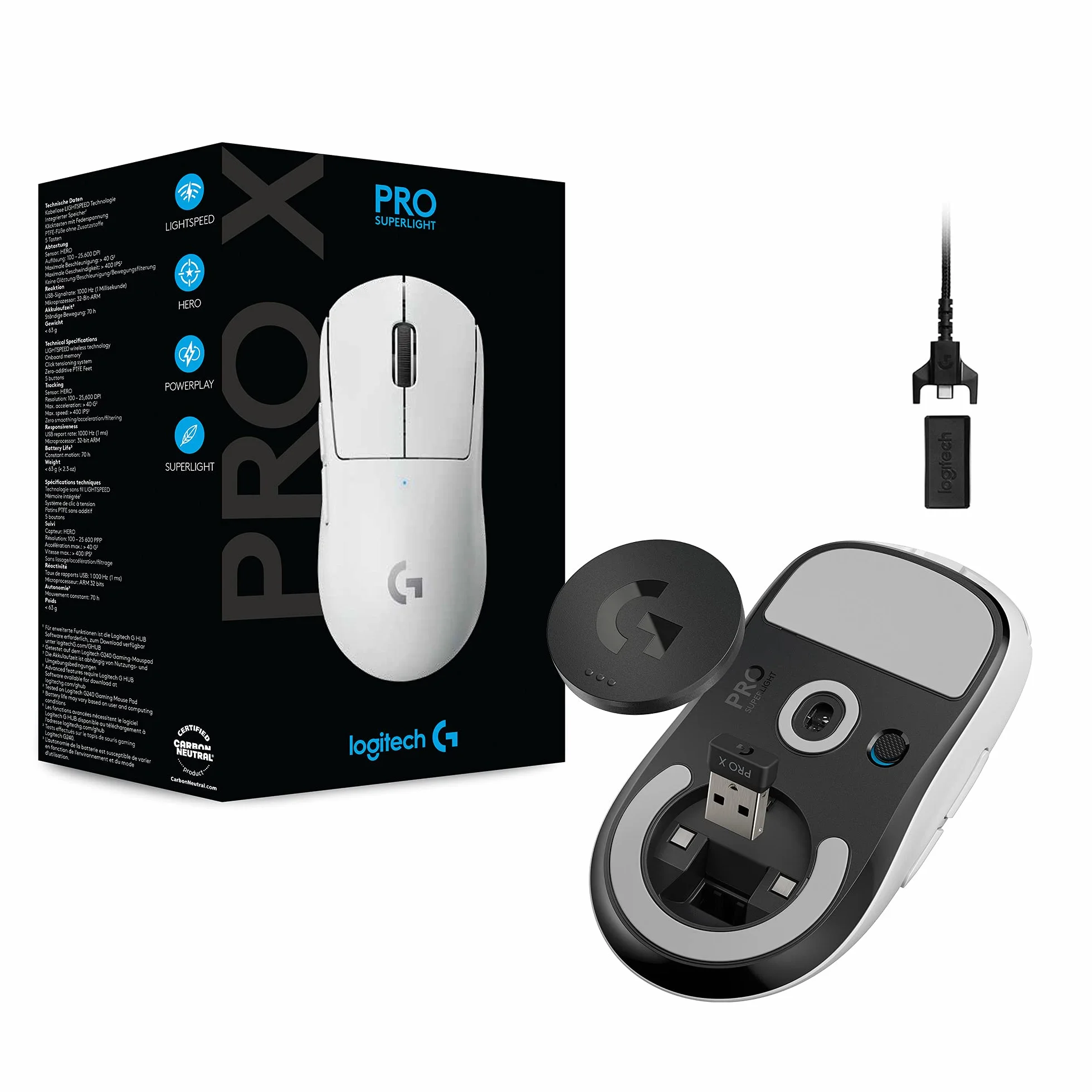 Logitech G PRO X SUPERLIGHT bezprzewodowa mysz gamingowa z czujnikiem HERO 25K, bardzo lekka 63 g, 5 programowalnych przycisków, czas pracy baterii 70 godzin, Zero Additive PTFE Feet, PC/Mac - biała