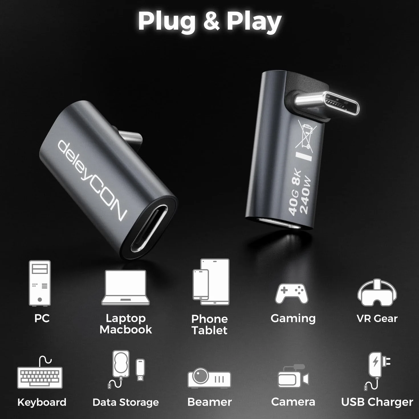 deleyCON Adapter USB-C Kątowy 90° (2 Szt.) - 40 Gbps, 240 W, 8K60Hz, USB 4.0, Aluminiowa Obudowa, Wtyk C do Gniazda C - do Smartfona, Tabletu, Laptopa, MacBooka, PS5 itp.