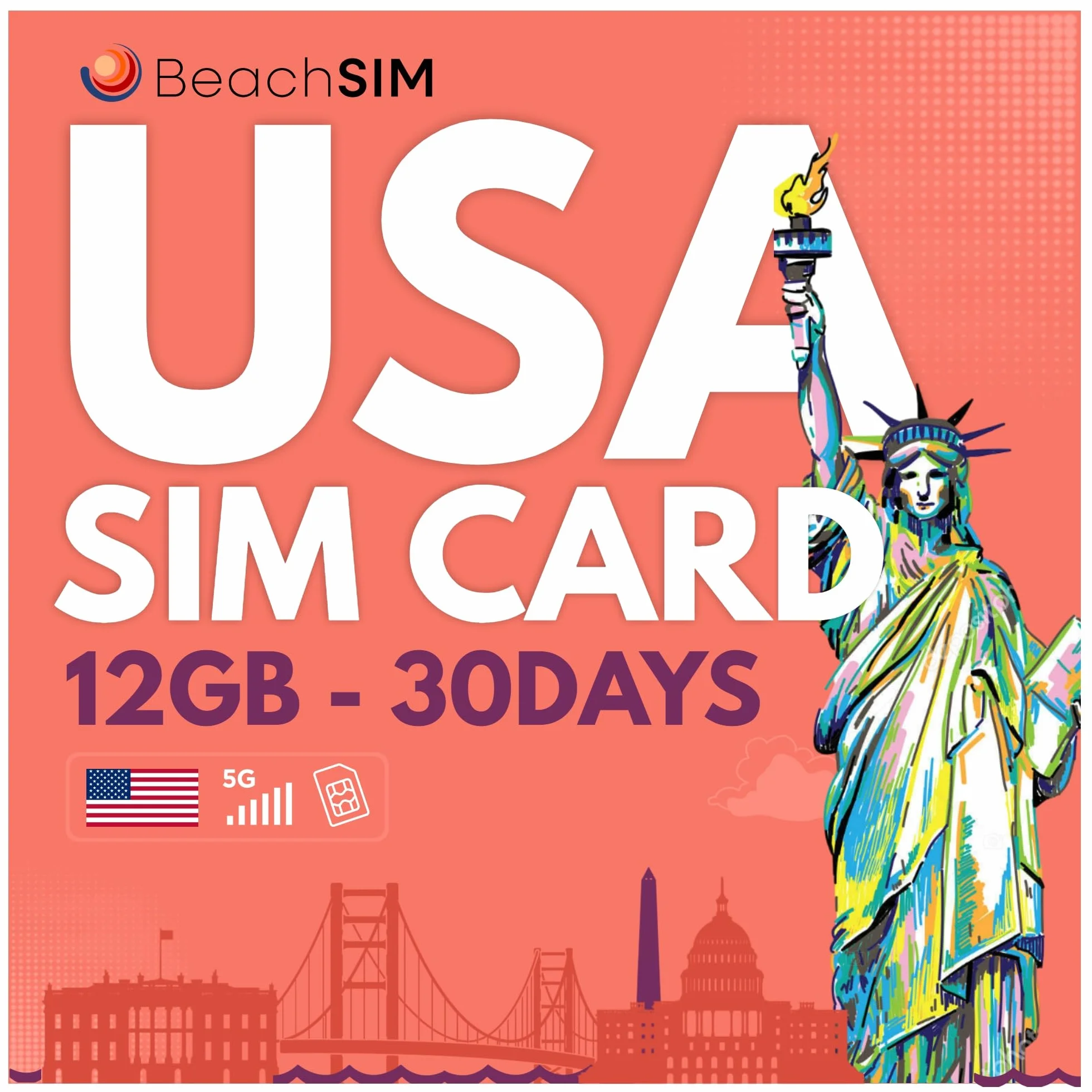 Karta SIM USA 30 dni 12 GB przy prędkości 4G/5G. Tylko dane przedpłacone. Szybka aktywacja. Łatwe ładowanie. Kompatybilny z systemem iOS i Android.