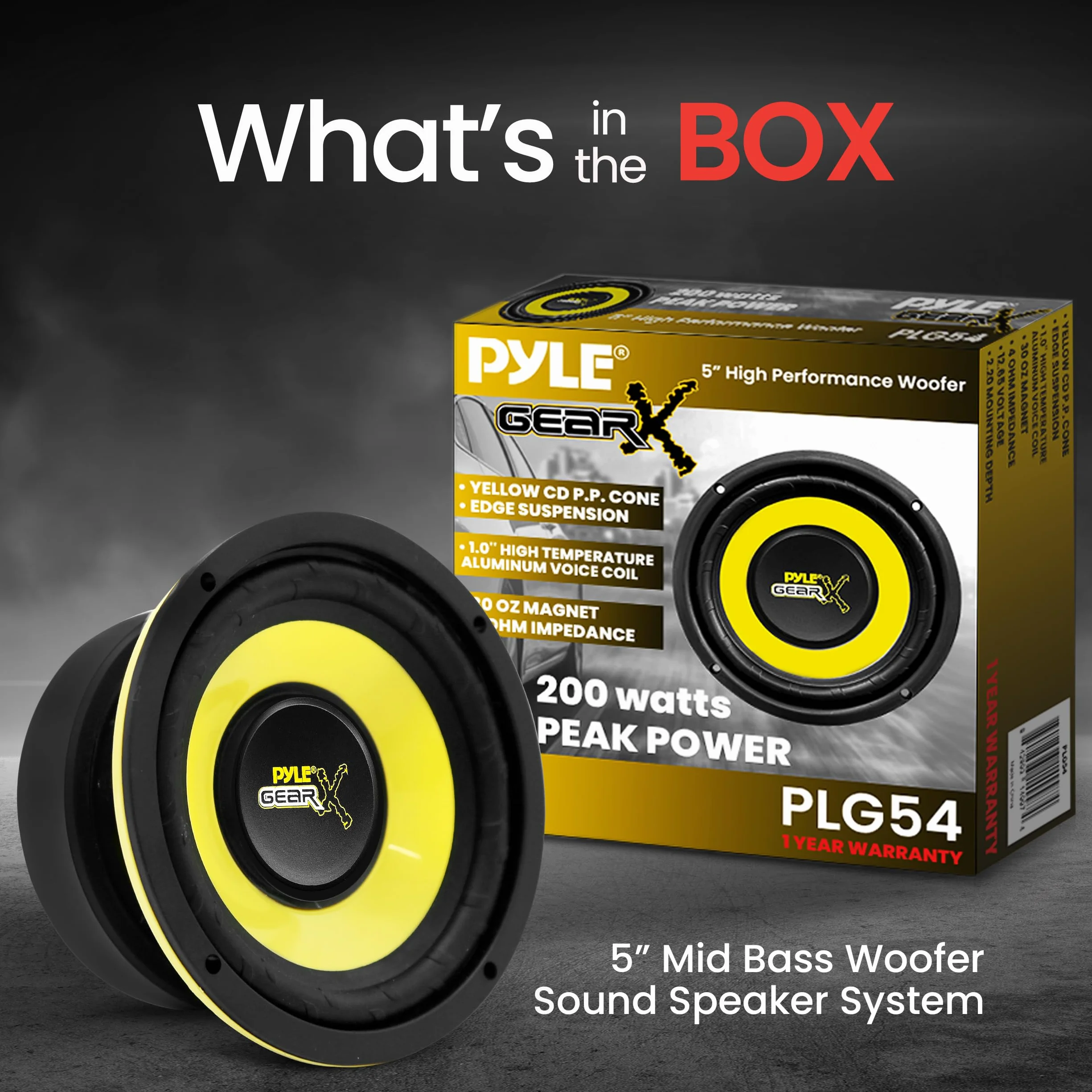 Pyle Car Mid Bass Speaker System, 5" 200W 4 Ohm Auto Mid-Bass Component Poly Woofer Audio Sound Speakers for Car Stereo, 30 Oz Magnet, 2.32” Mount Depth, Cone, High Temp Aluminum Voice Coil (Yellow)