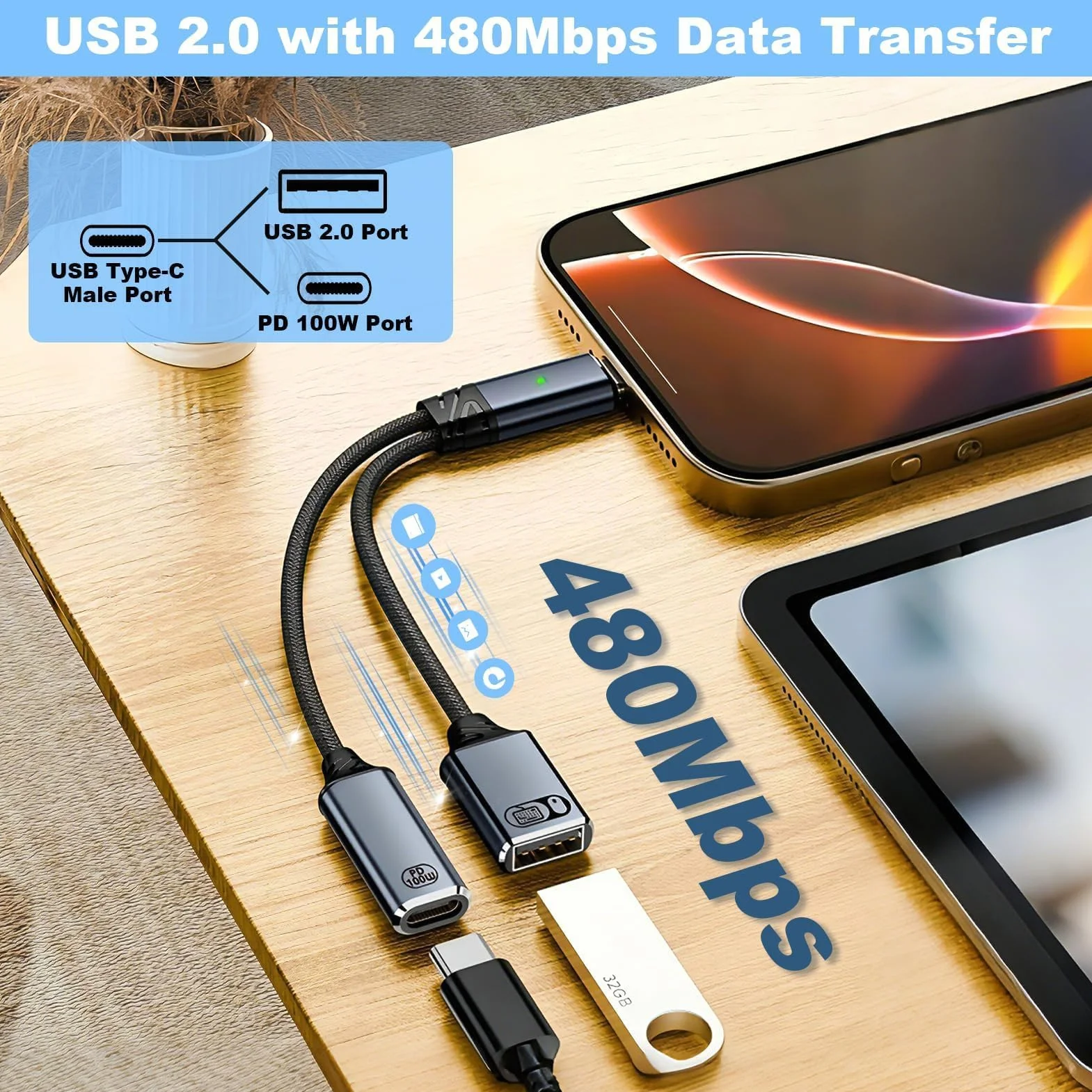 Adapter USB-C OTG 2 w 1, OTG Splitter typu C z zasilaczem USB-A 2.0 i szybkim ładowaniem PD 100 W, podwójny kabel rozgałęźnika do telefonu, komputera, telewizora, tabletu, szary