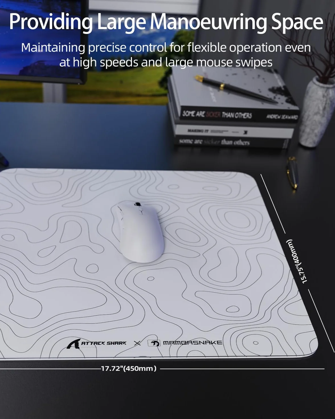 MAMBASNAKE x ATTACK SHARK CM05 Contour Glass Hard Gaming Mousepad,Nano-Micro-Etched Texture,Smooth Glass Surface,High Accuracy,Fast-Moving,Anti-Scratch, PU Leather Non-Slip Base, Large Size(450×400mm)