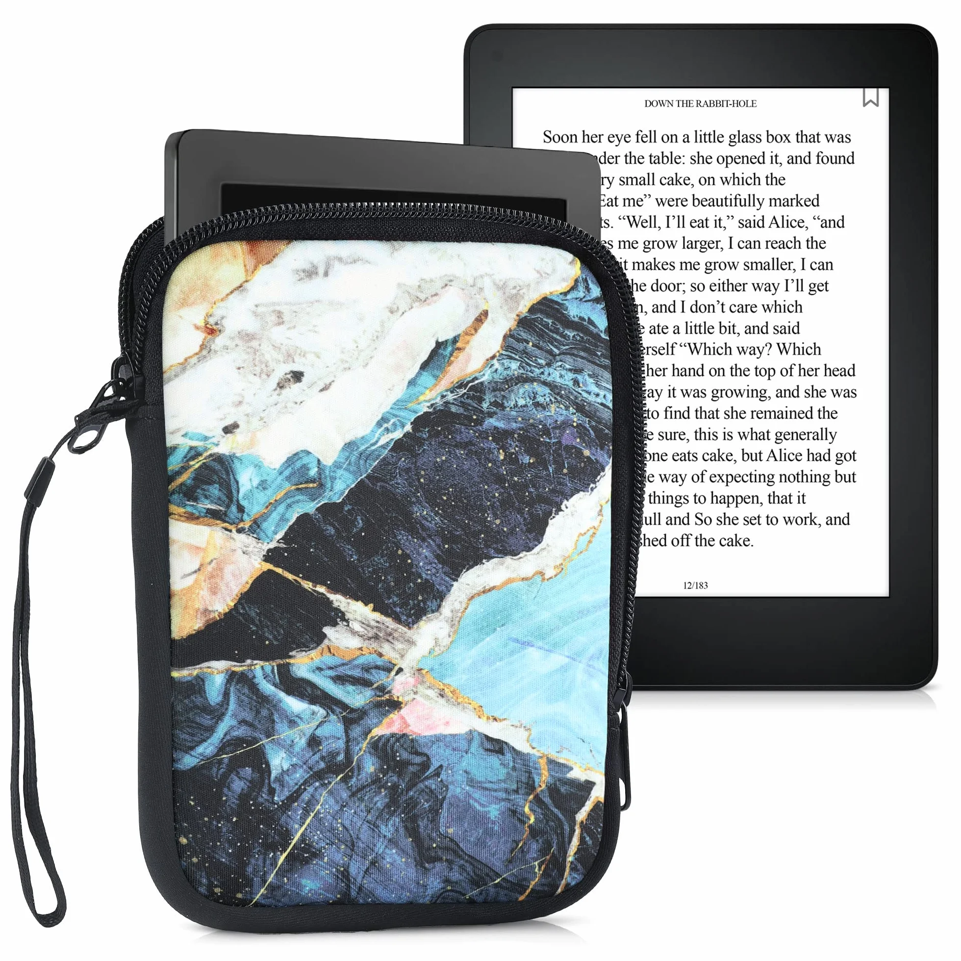 kwmobile Etui na czytnik e-booków - neoprenowe etui ochronne marmur złoty biały niebieski - wymiary wewnętrzne 17 x 12 x 2 cm
