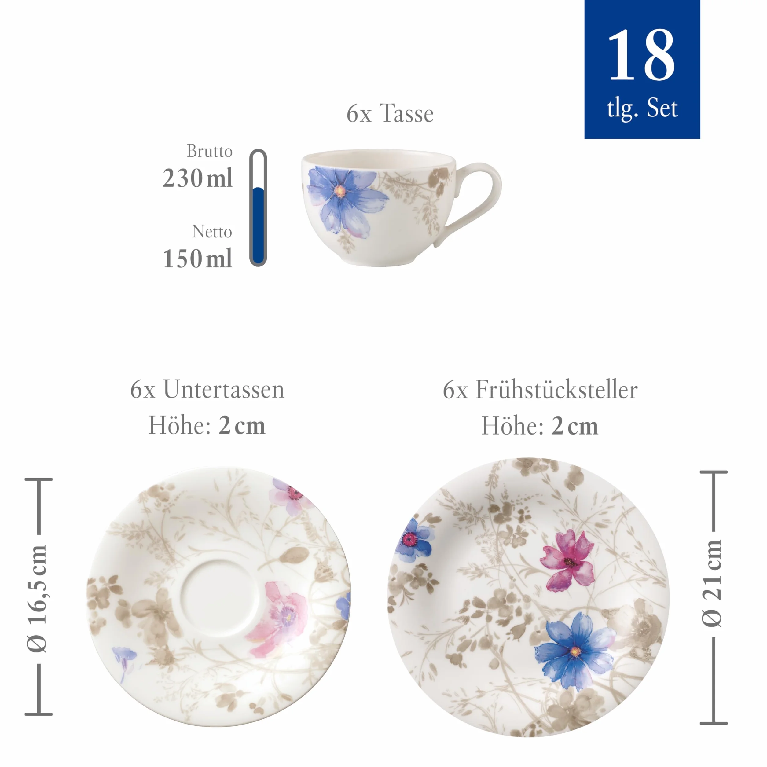 Villeroy & Boch Mariefleur Gris Basic zestaw kawowy 18 elementów Porcelana Premium biały