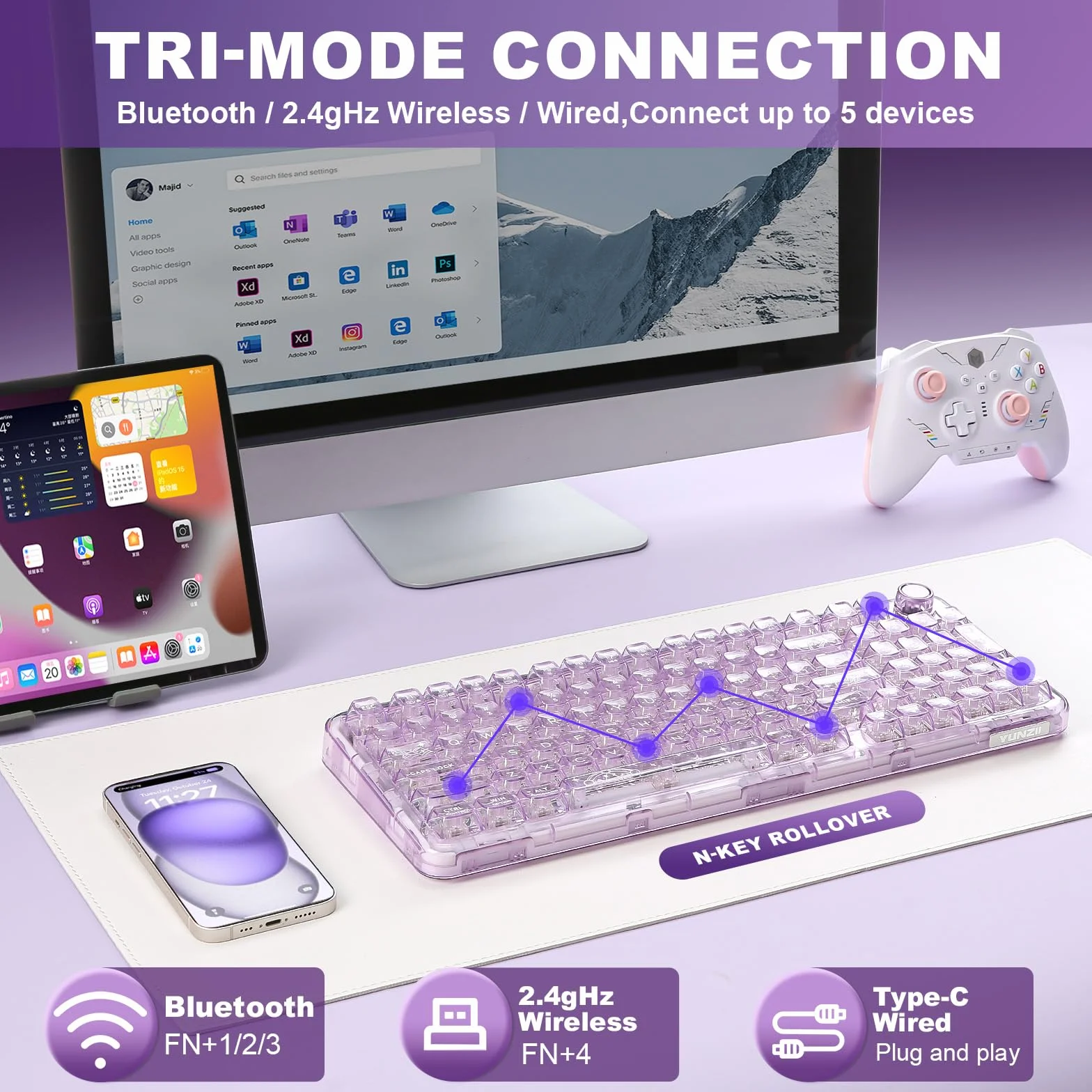 YUNZII X98 QMK/VIA Bezprzewodowa mechaniczna klawiatura do gier z pokrętłem, trójtrybowa BT5.0/USB-C/2,4 GHz, wstępnie nasmarowane przełączniki, mocowanie uszczelki (Fioletowy, Crystal Switch)