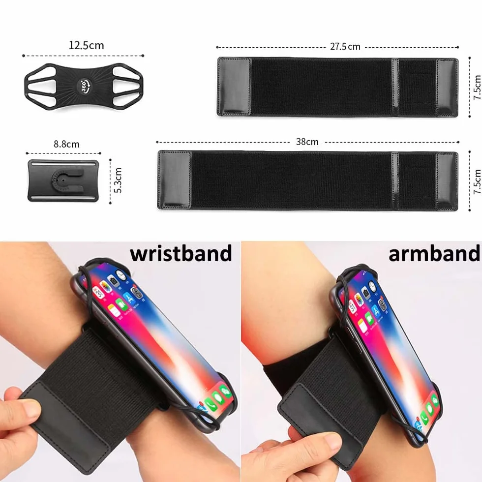 Opaska sportowa na ramię Opaska na nadgarstek z przedramieniem do smartfona z regulowanym paskiem, obrót o 360°, opaska na telefon 4–6,5", do roweru, joggingu, ćwiczeń, sportu (czarna)