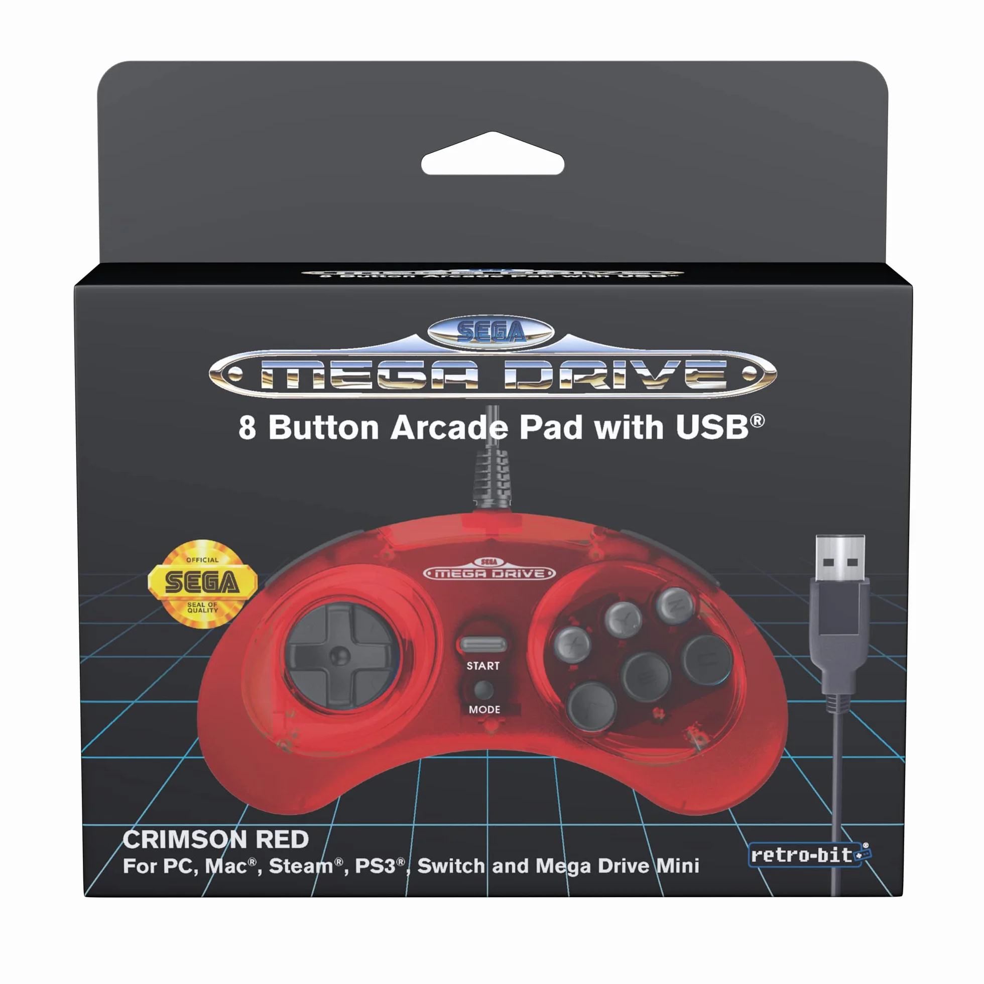Retro-Bit Official Sega Mega Drive USB Controller 8-Button Arcade Pad for Sega Genesis Mini, Switch, PC, Mac, Steam, RetroPie, Raspberry Pi - USB Port (Crimson Red) - - Nintendo Switch