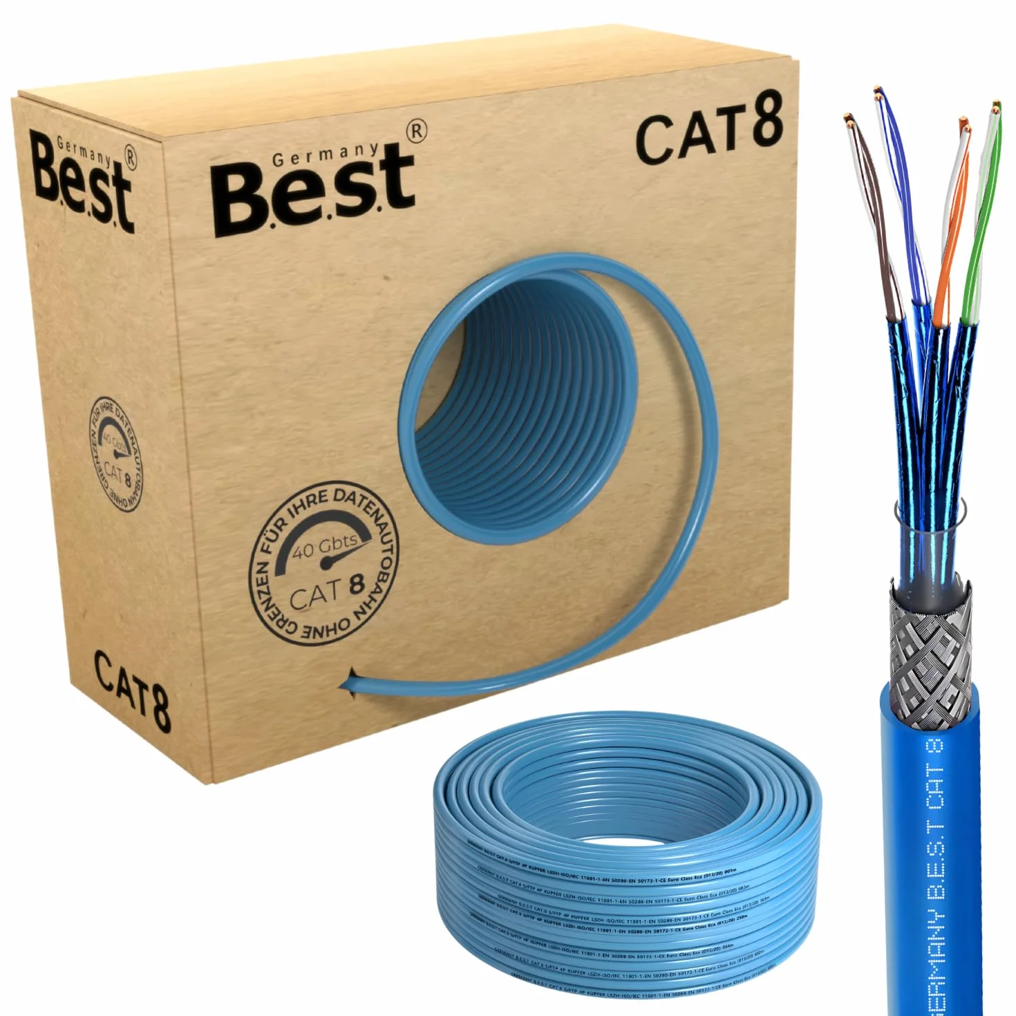 Kabel sieciowy 100 m CAT 8 kabel sieciowy miedziany kabel LAN kabel Ethernet S/FTP 40 Gbit/s Kat 8 czysta miedź kabel do transmisji danych PoE++ LSZH kabel danych Simplex