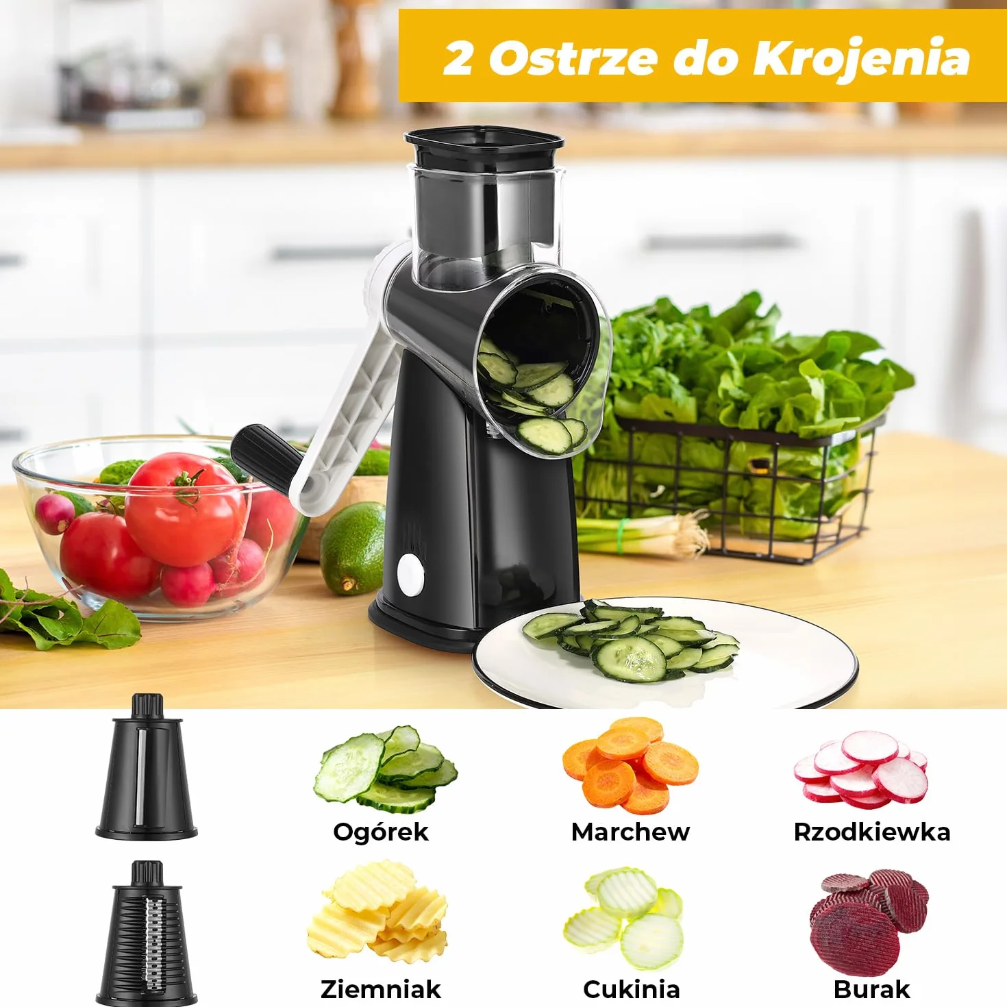 Tarka z kurbelką, tarka do warzyw z 5 wymiennymi bębenkami, tarka do warzyw idealna do sera, ogórków, marchewek, orzechów, tarka bębnowa umożliwiająca szybsze i łatwiejsze cięcie
