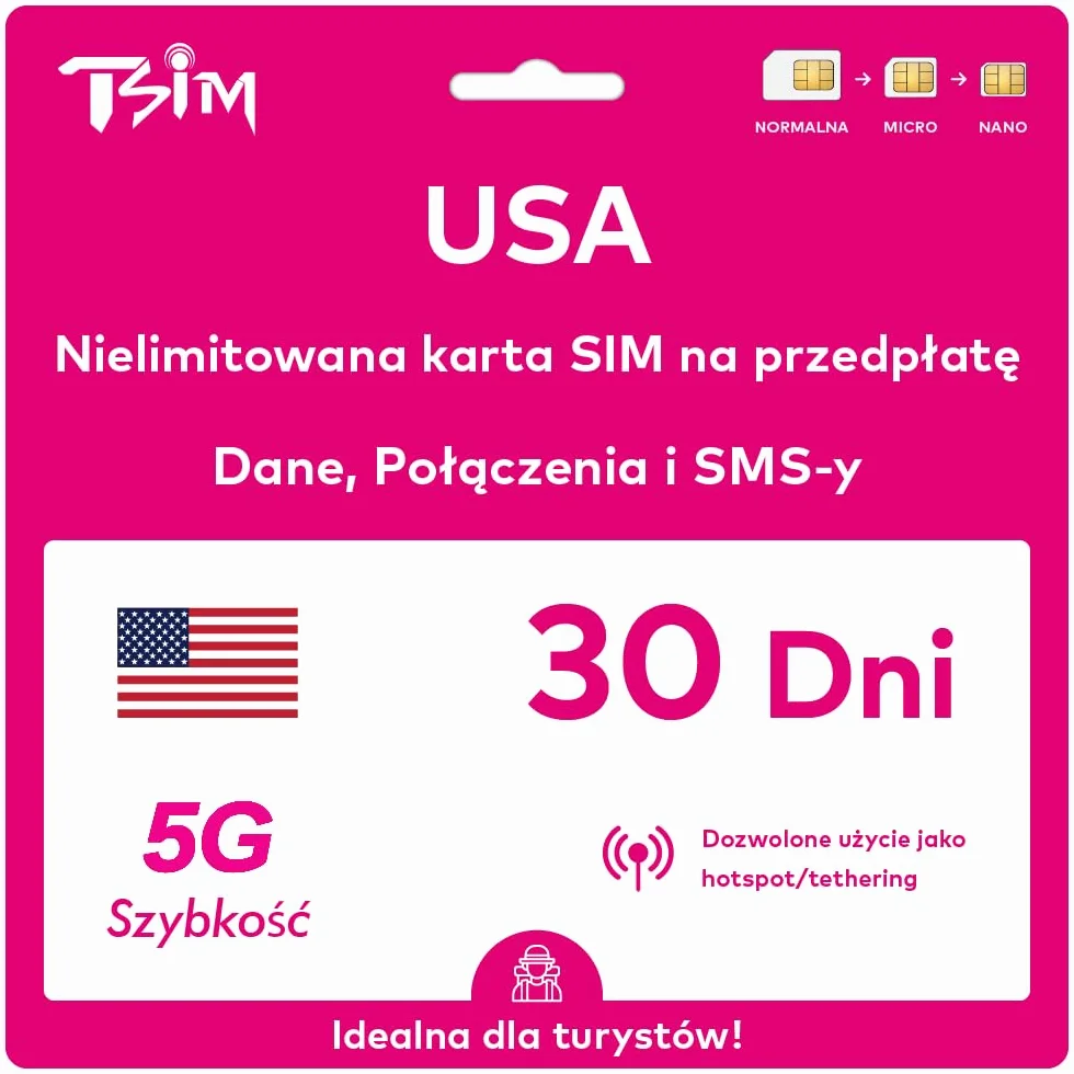 Karta SIM do USA na podróż do USA. Prepaid. Sieć T-Mobile z nielimitowanymi danymi, połączeniami i wiadomościami. Karta SIM 5G! (30 dni)