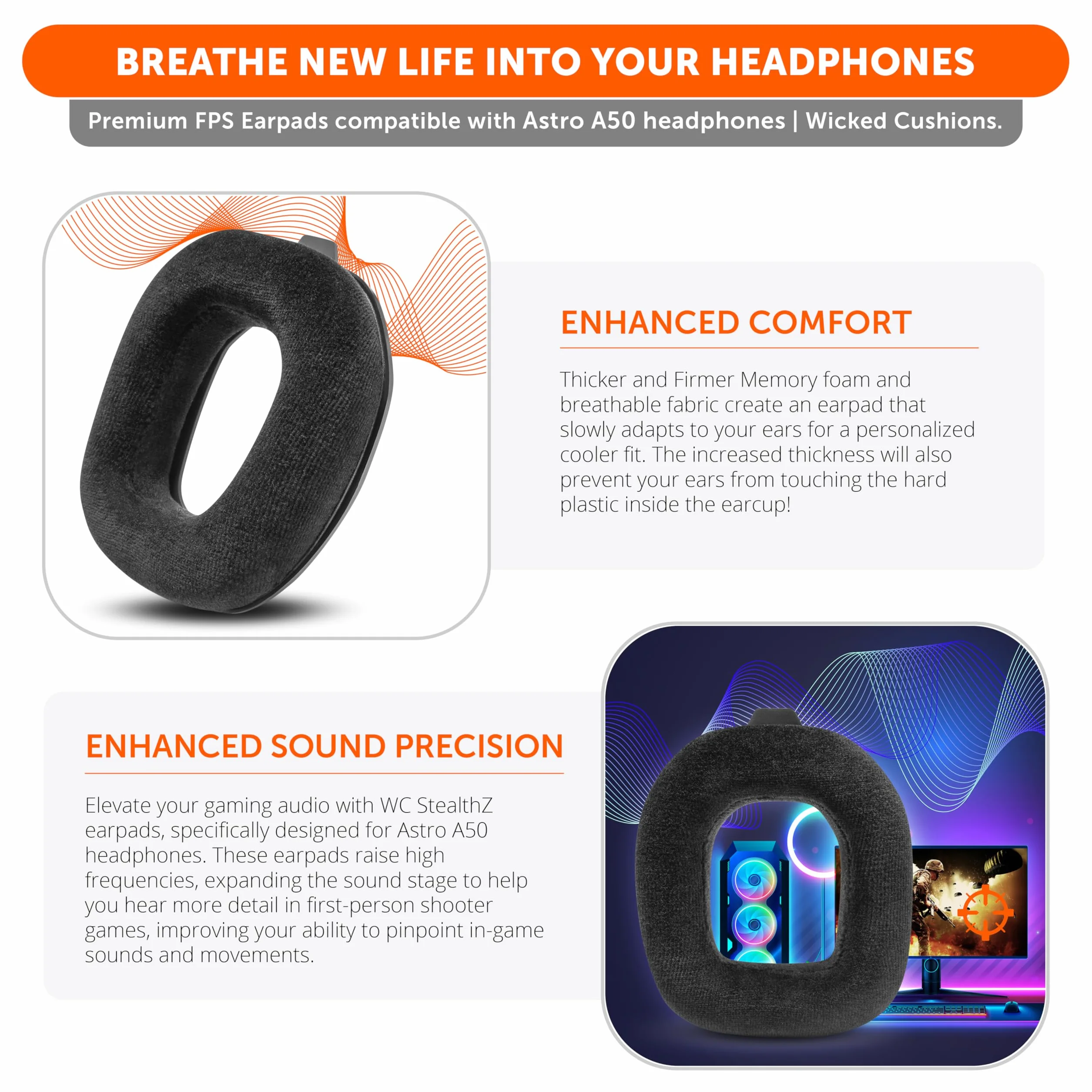 WC StealthZ A50 - nauszniki zorientowane na FPS do Astro A50 Gen 4, Gen 5 i A50X firmy GadgetryTech i Wicked Cushions | Większa precyzja dźwięku i komfort w grach FPS | Black