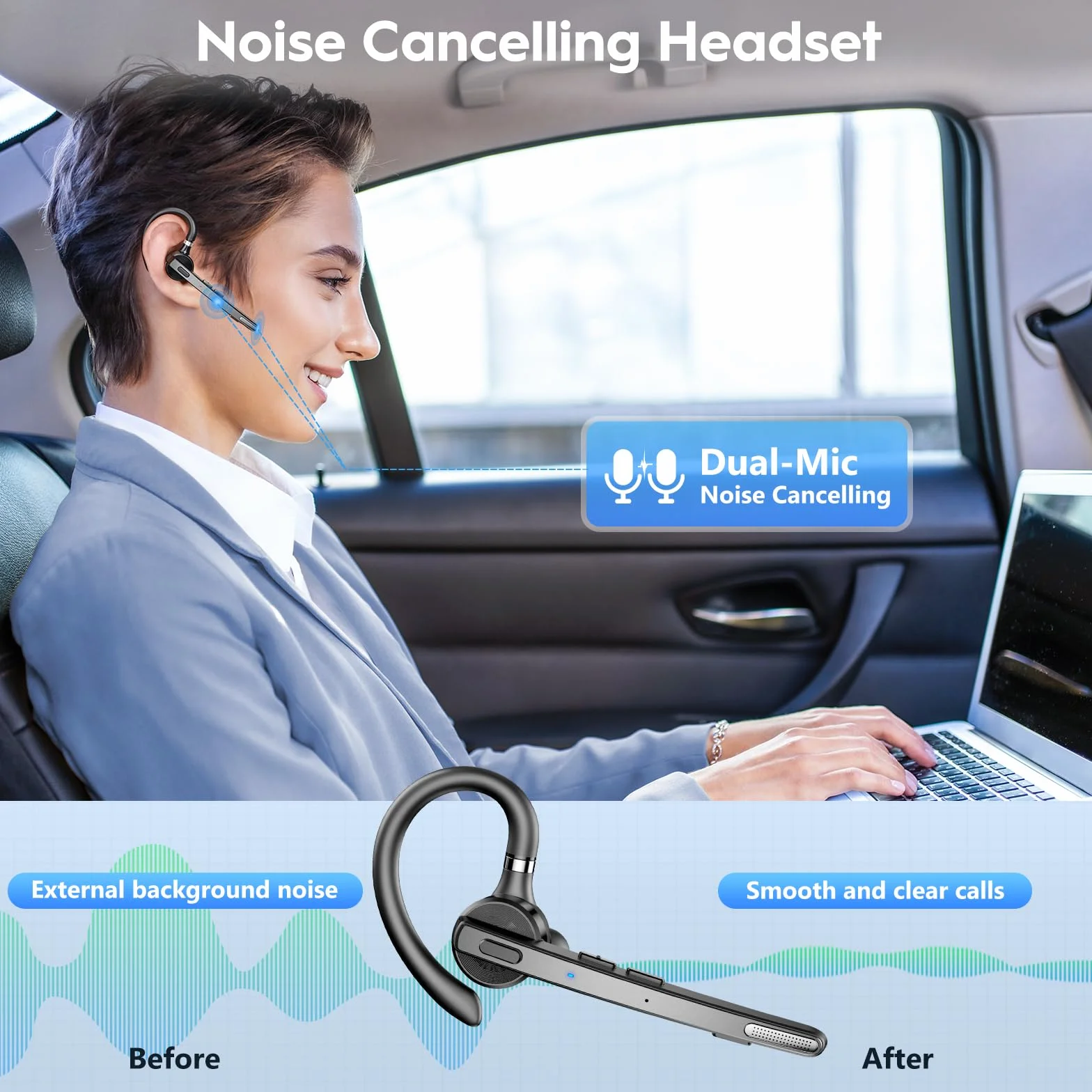 New Bee Zestaw słuchawkowy Bluetooth, 72H Talktime, bezprzewodowa słuchawka Bluetooth do telefonu komórkowego z etui ładującym 500 mAh, V5.1, podwójny mikrofon, redukcja szumów, słuchawki