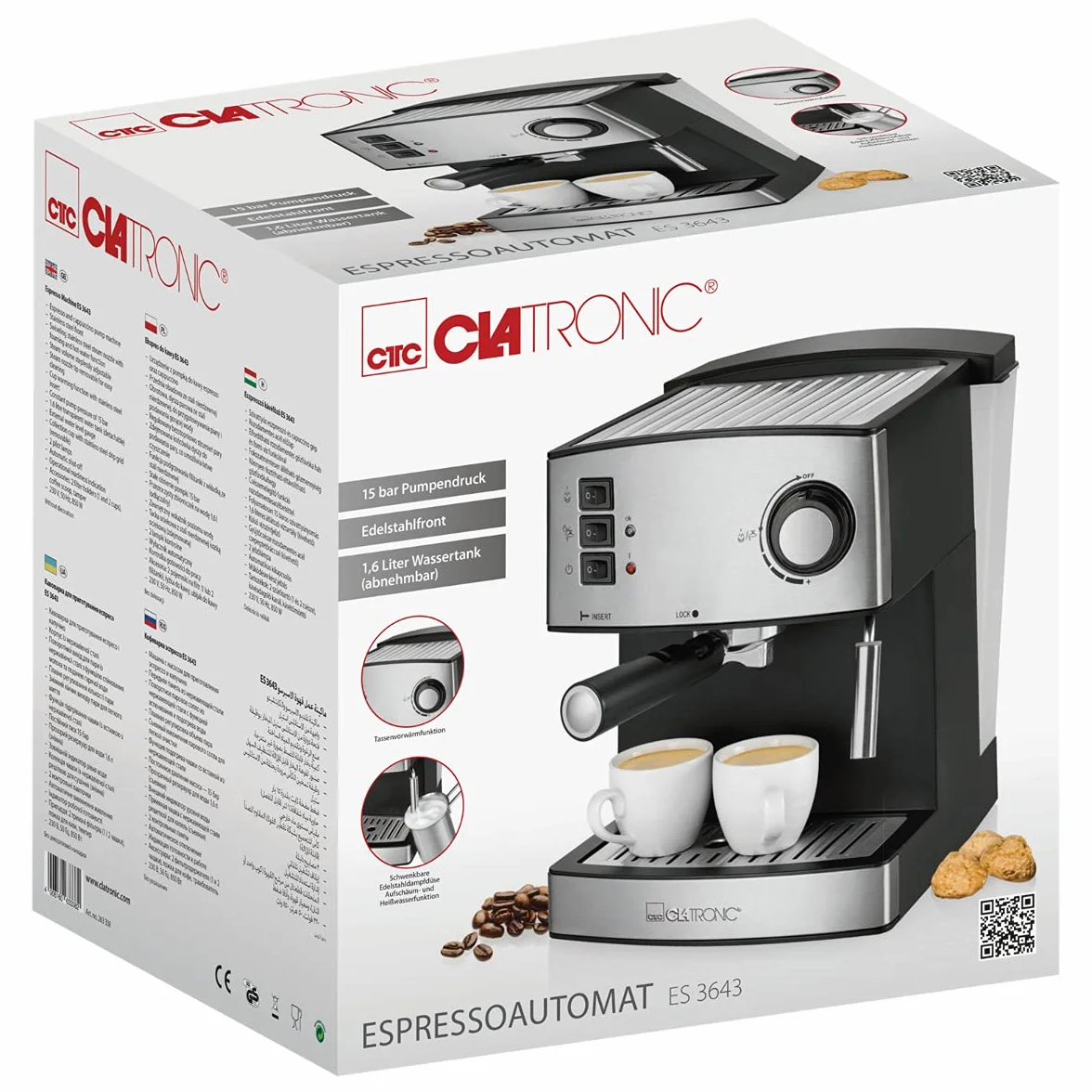 Clatronic ES 3643 ekspres do kawy i cappuccino, front ze stali nierdzewnej, ciśnienie pompy 15 bar, 1,6 litra, funkcja podgrzewania filiżanek, obrotowa dysza pary ze stali nierdzewnej z funkcją spieniania i gorącej wody