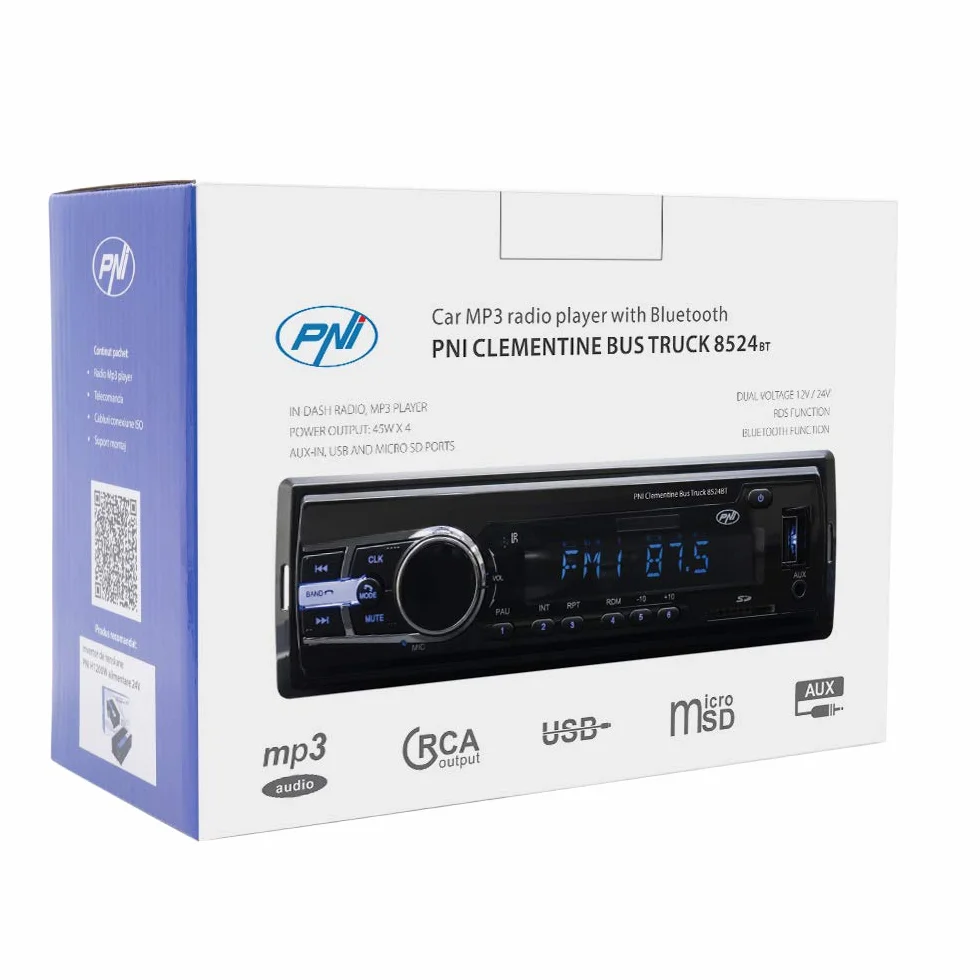 PNI Samochodowy Odtwarzacz MP3 z radiem 8524BT 4x45w 12V / 24V 1 DIN cu SD, USB, AUX, RCA SI Bluetooth 24 V