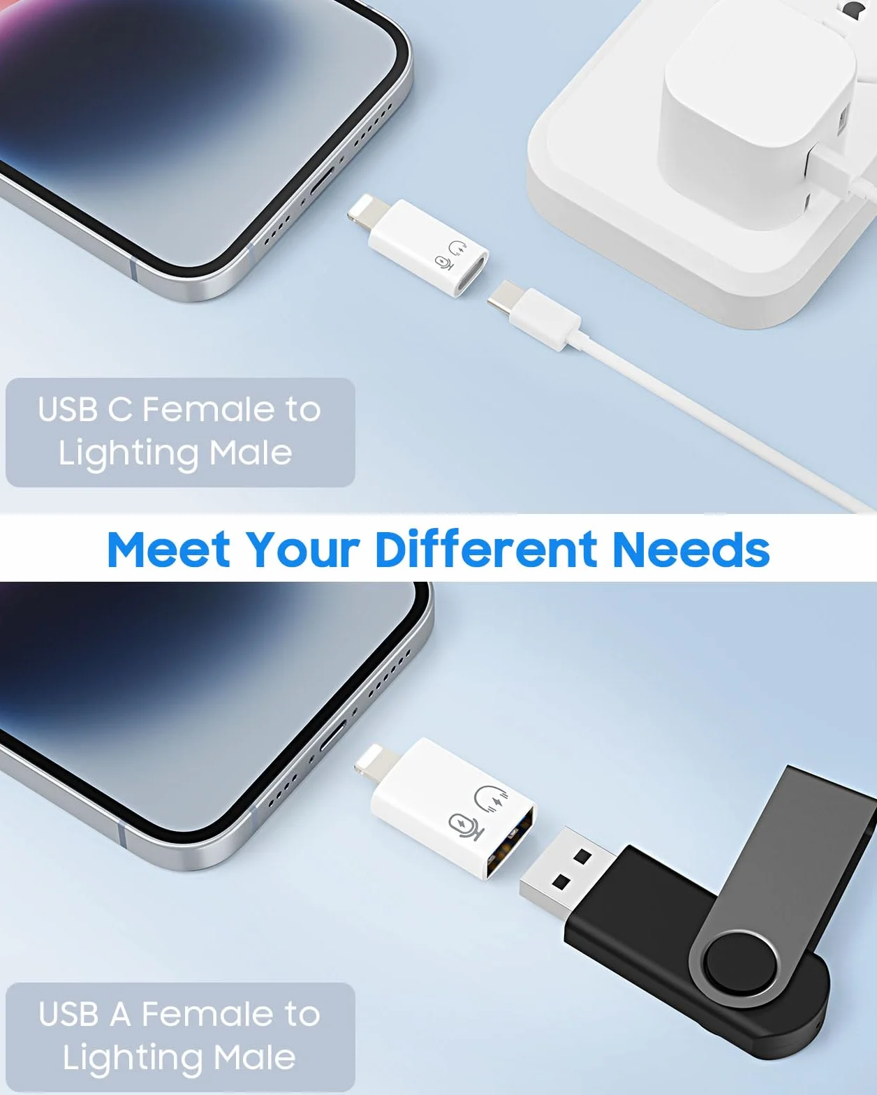 MoKo USB C Female to Lightning Male Adapter, Lightning Male to USB-A Female OTG Adapter Connector for i-Phone 14/13/12/11 Pro Max/iPad/iPod/AirPods, Support 10W Fast Charging/Data Transfer