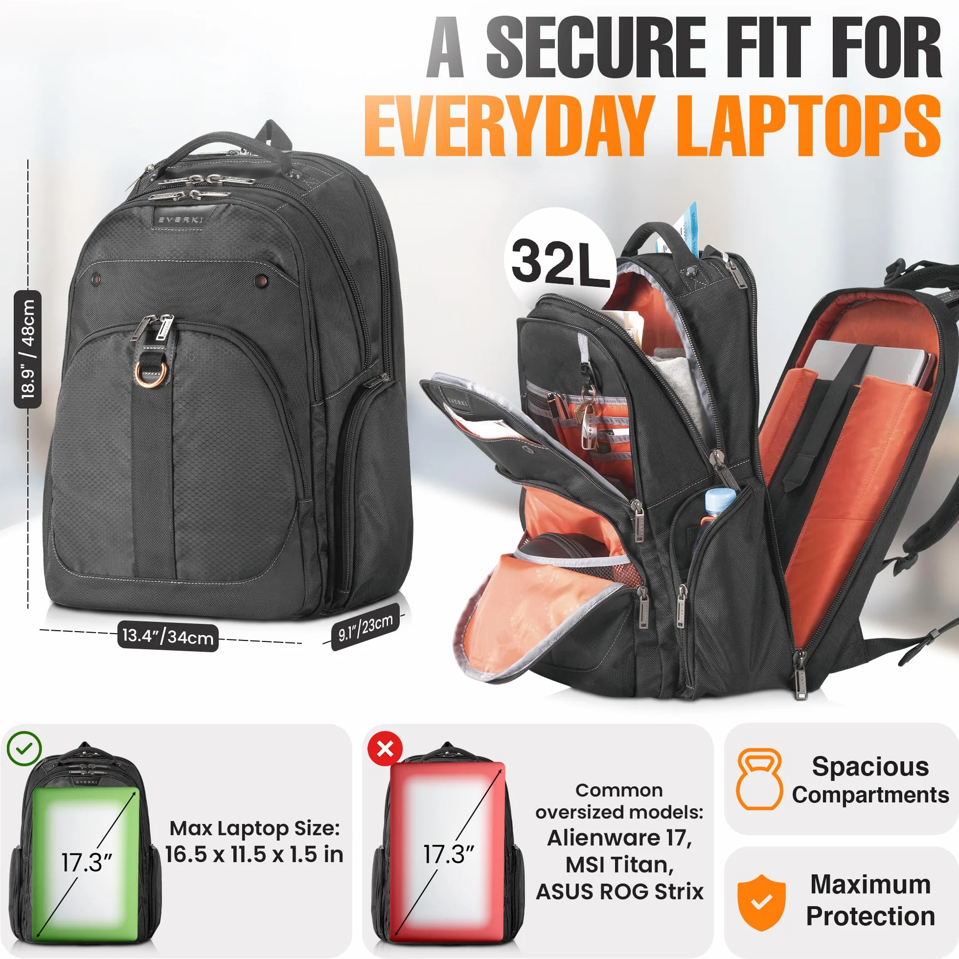 Everki Atlas EKP121, Plecak na Laptopa od 13 do 17 Cali, Czarny