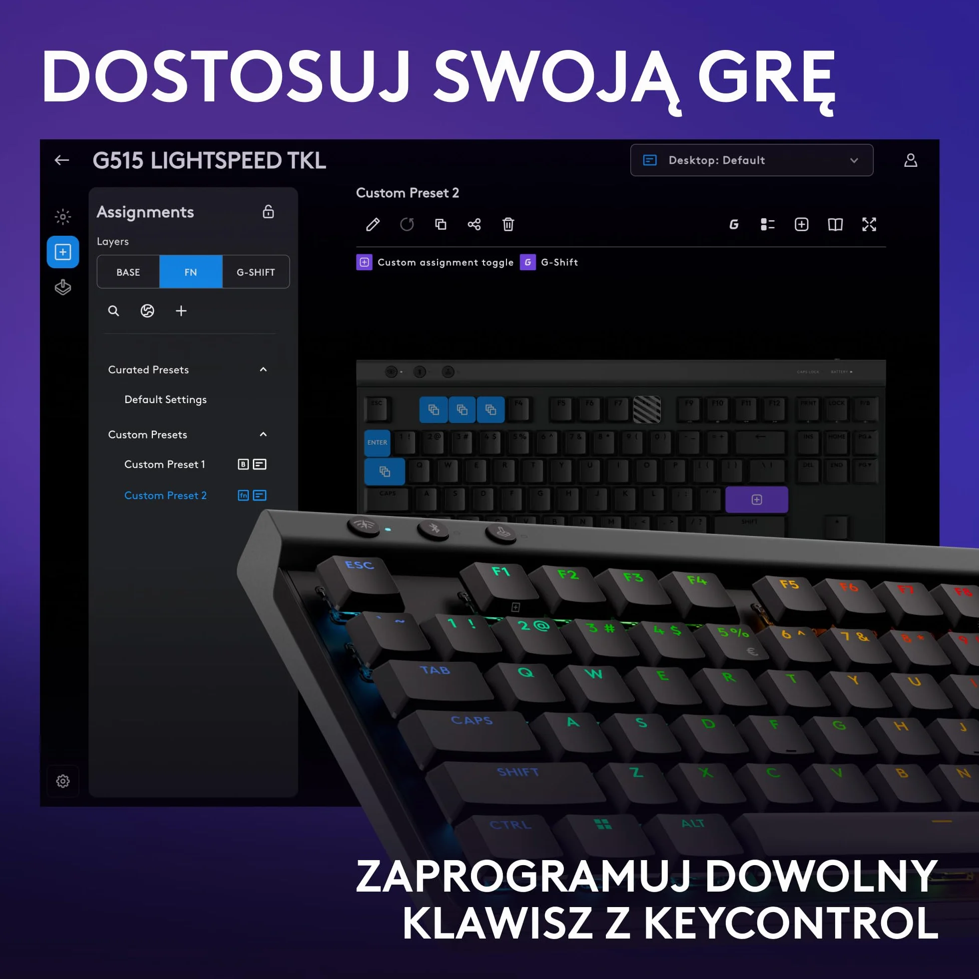 Logitech G G515 LIGHTSPEED TKL o płaskim profilu Bezprzewodowa klawiatura do gier, LIGHTSYNC RGB, cienka konstrukcja bez klawiatury numerycznej, przełączniki mechaniczne, QWERTY US INT'L - Czarny