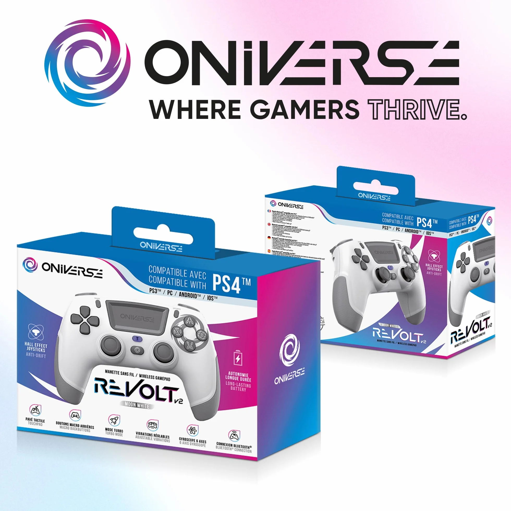Oniverse Bezprzewodowy kontroler do PS4 PS3 PC Android iOS, joystick z efektem hali, akumulator 1000 mAh, Revolt White