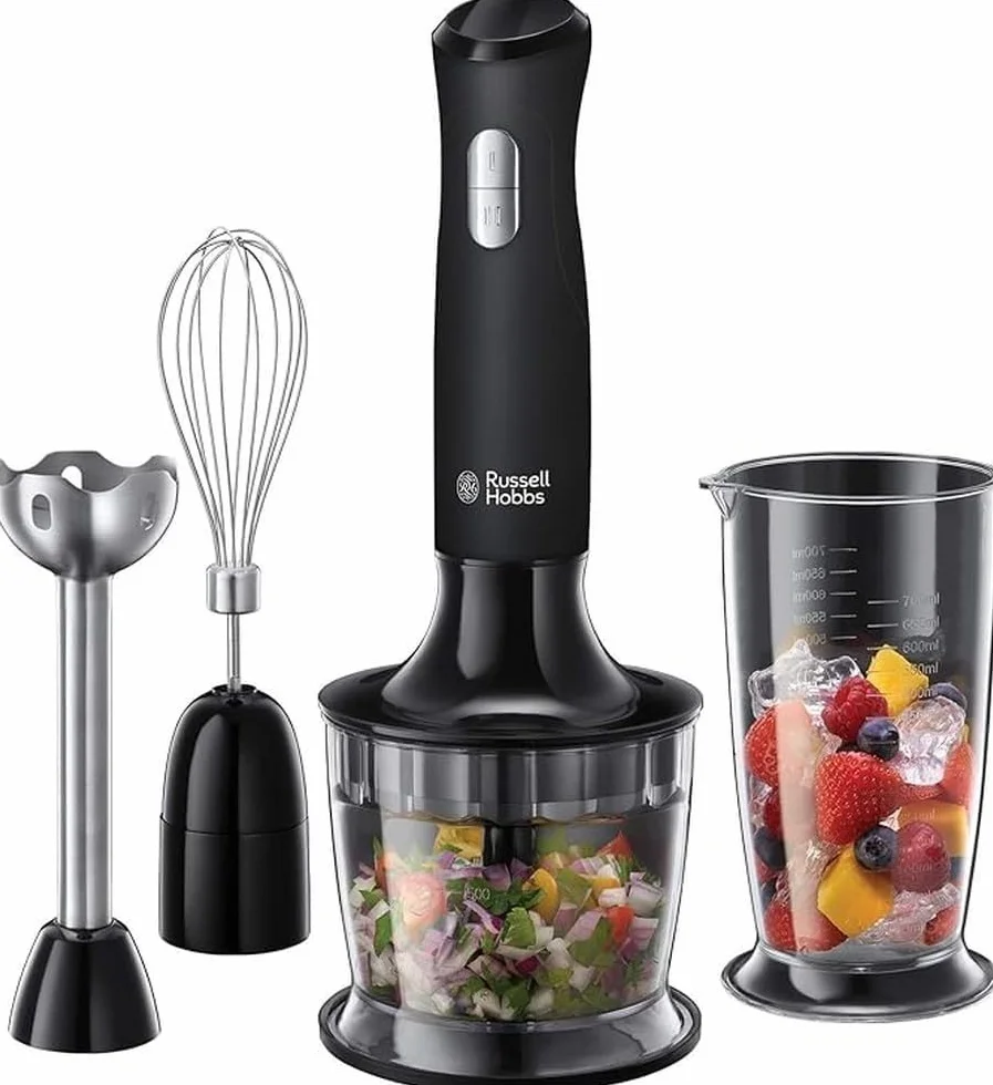 Russell Hobbs blender ręczny, 3w1, nasadka miksująca, pojemnik z ostrzem miksującym, pojemność pojemników 0,5l i 0,7l, ubijanie, mieszanie, moc 500W, czarny, Matte Black 24702-56