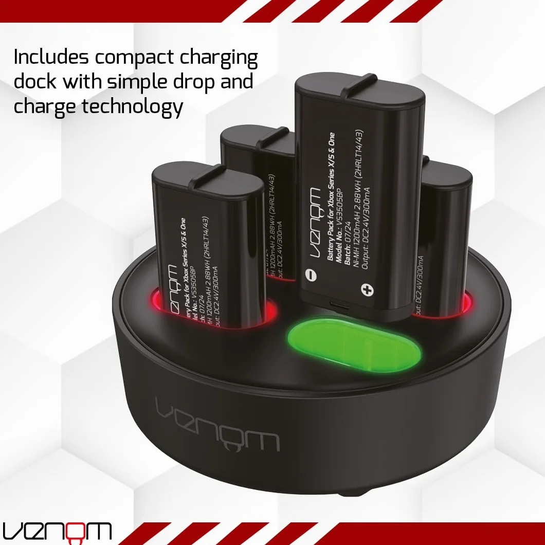 Venom Akumulator do konsoli Xbox, 4 sztuki, ze stacją ładującą – 2880 mWh / 1200 mAh (Xbox Series X i S/Xbox One)